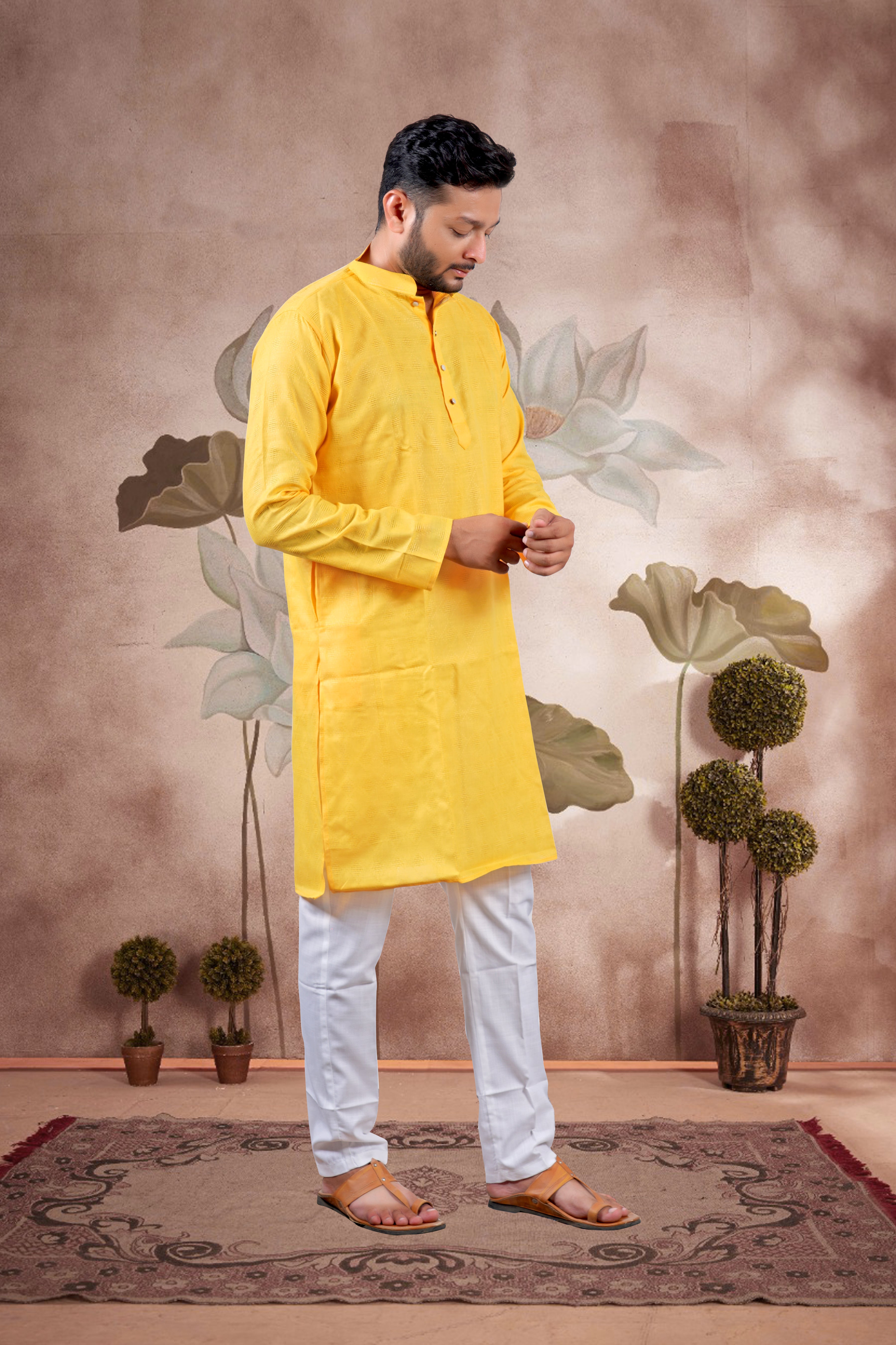 Yellow Checked Cotton Kurta – Wedding Edition