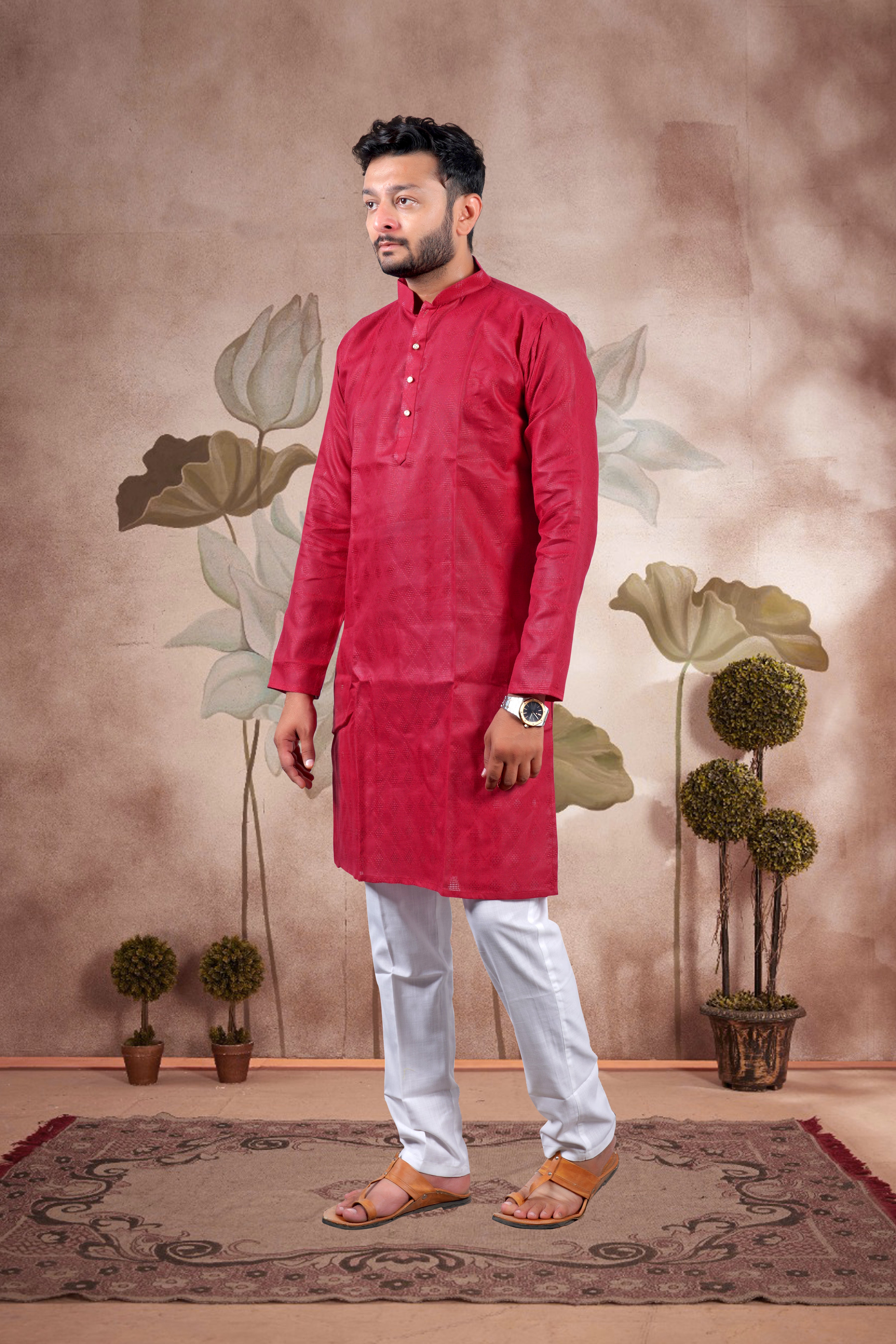 Red Checked Cotton Kurta