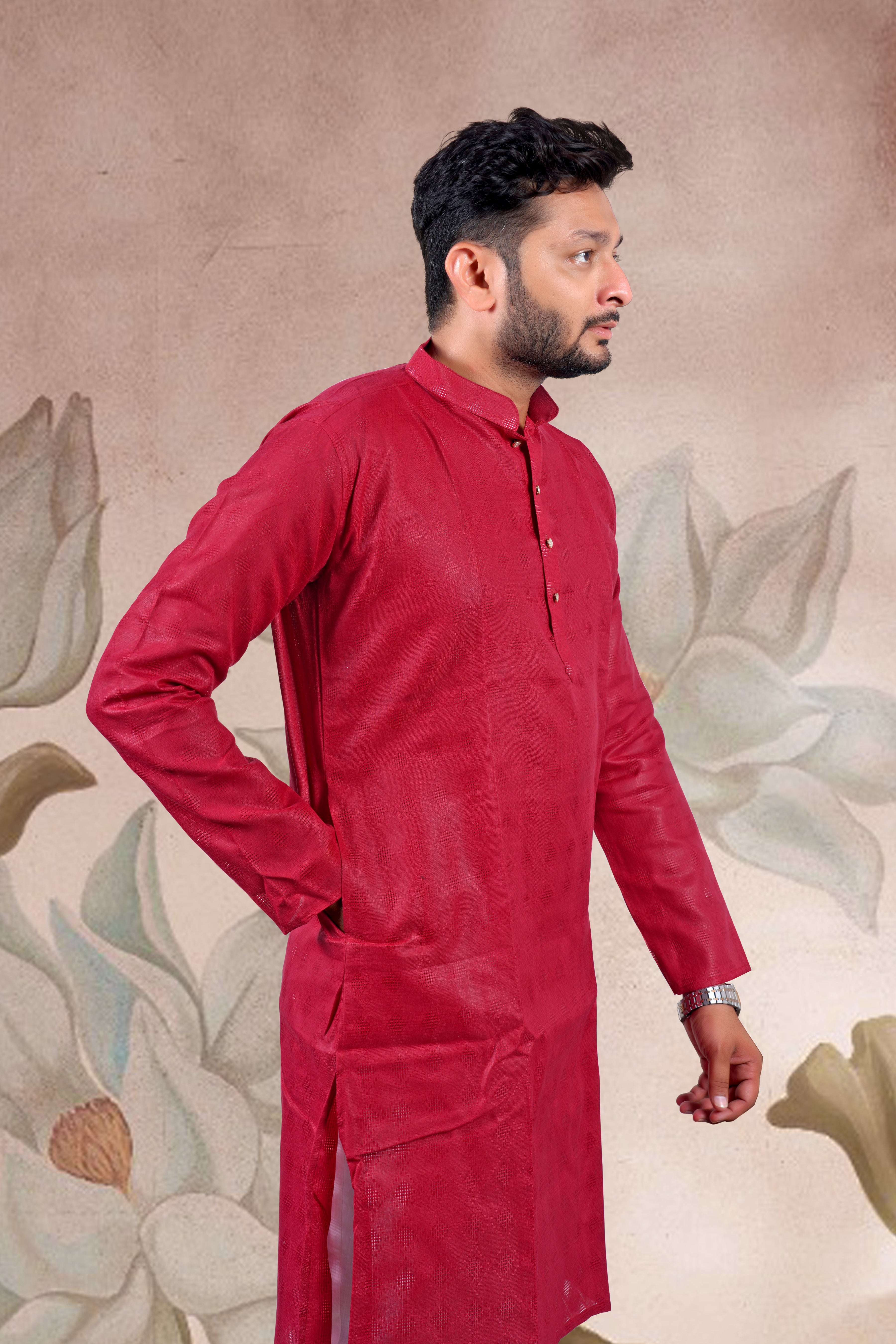 Red Checked Cotton Kurta