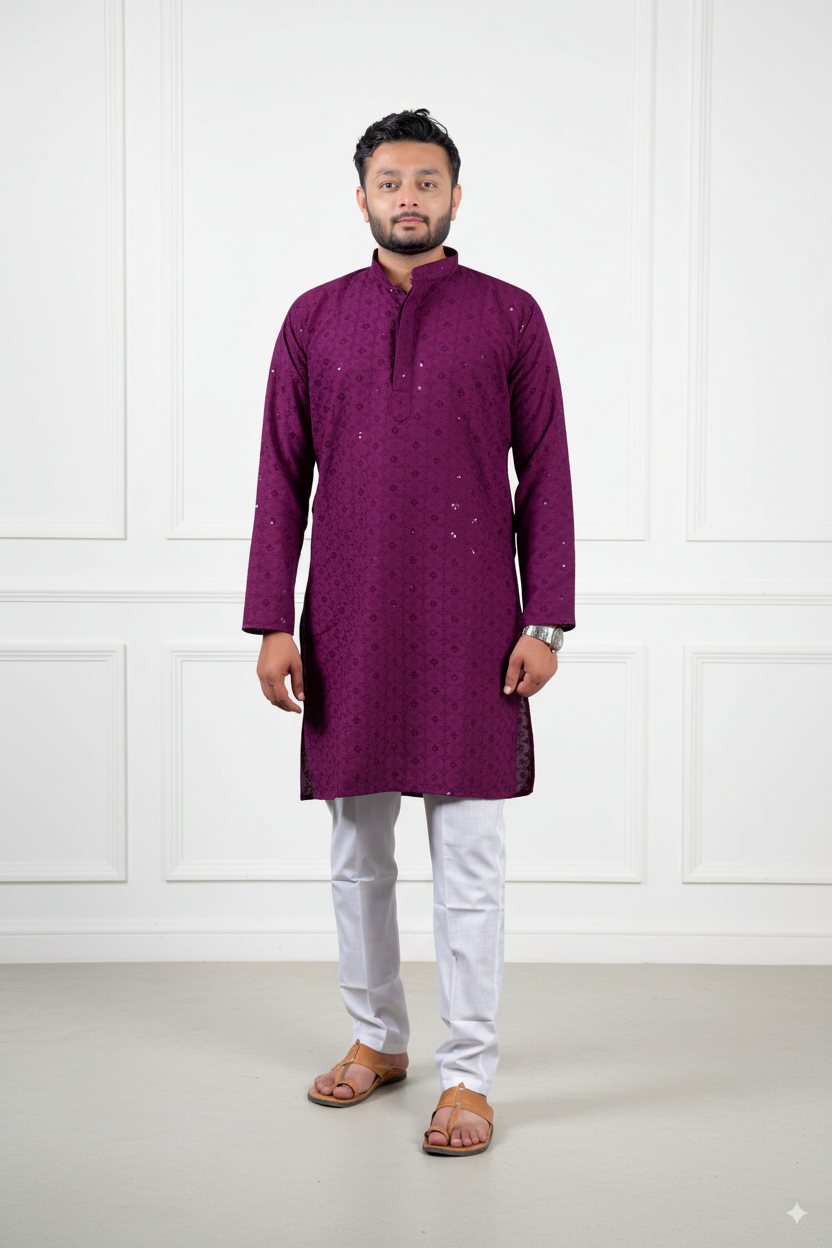 Wine Embroidered Cotton Kurta