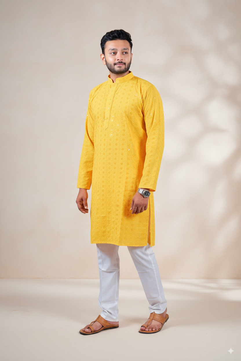 Yellow Embroidered Cotton Kurta
