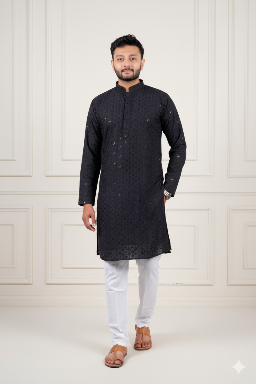 Black Embroidered Cotton Kurta
