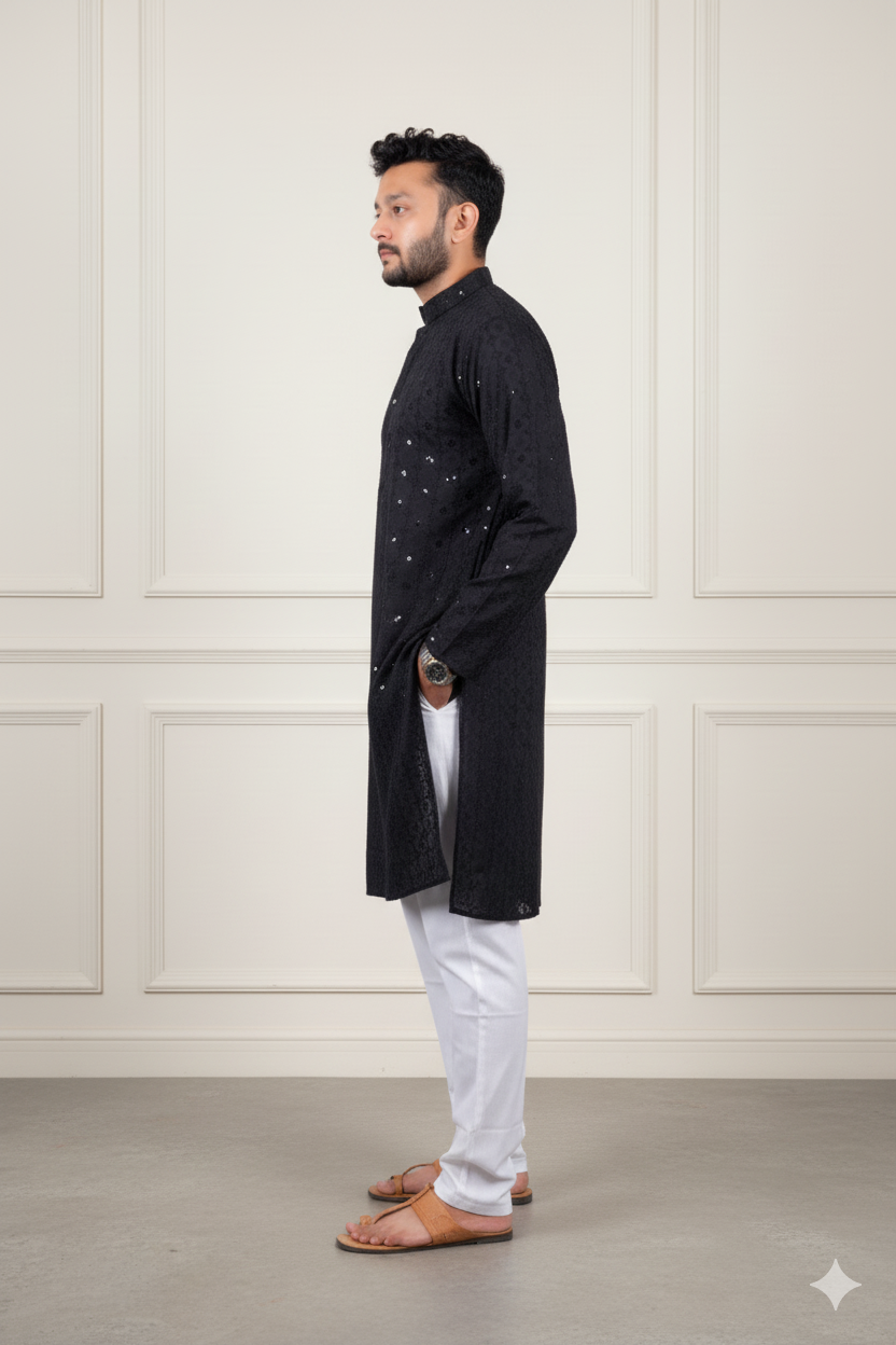 Black Embroidered Cotton Kurta