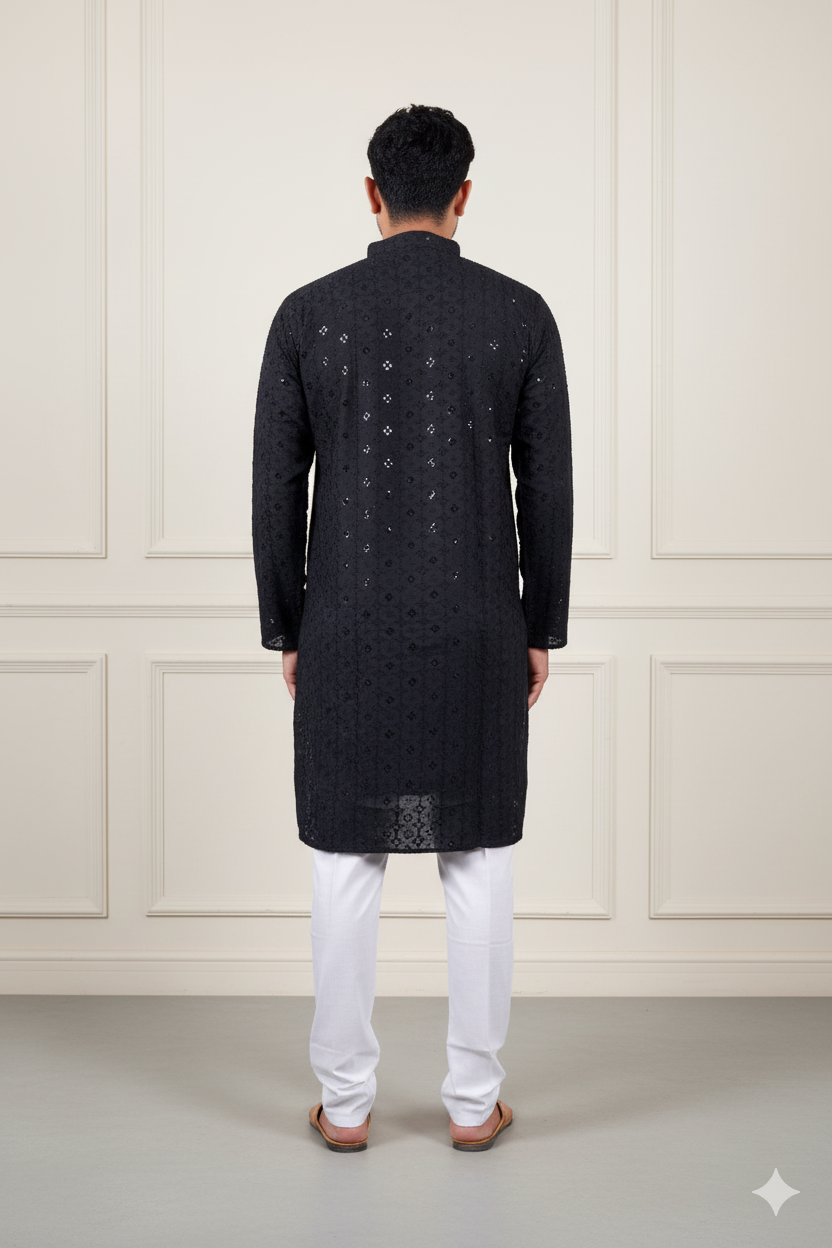 Black Embroidered Cotton Kurta