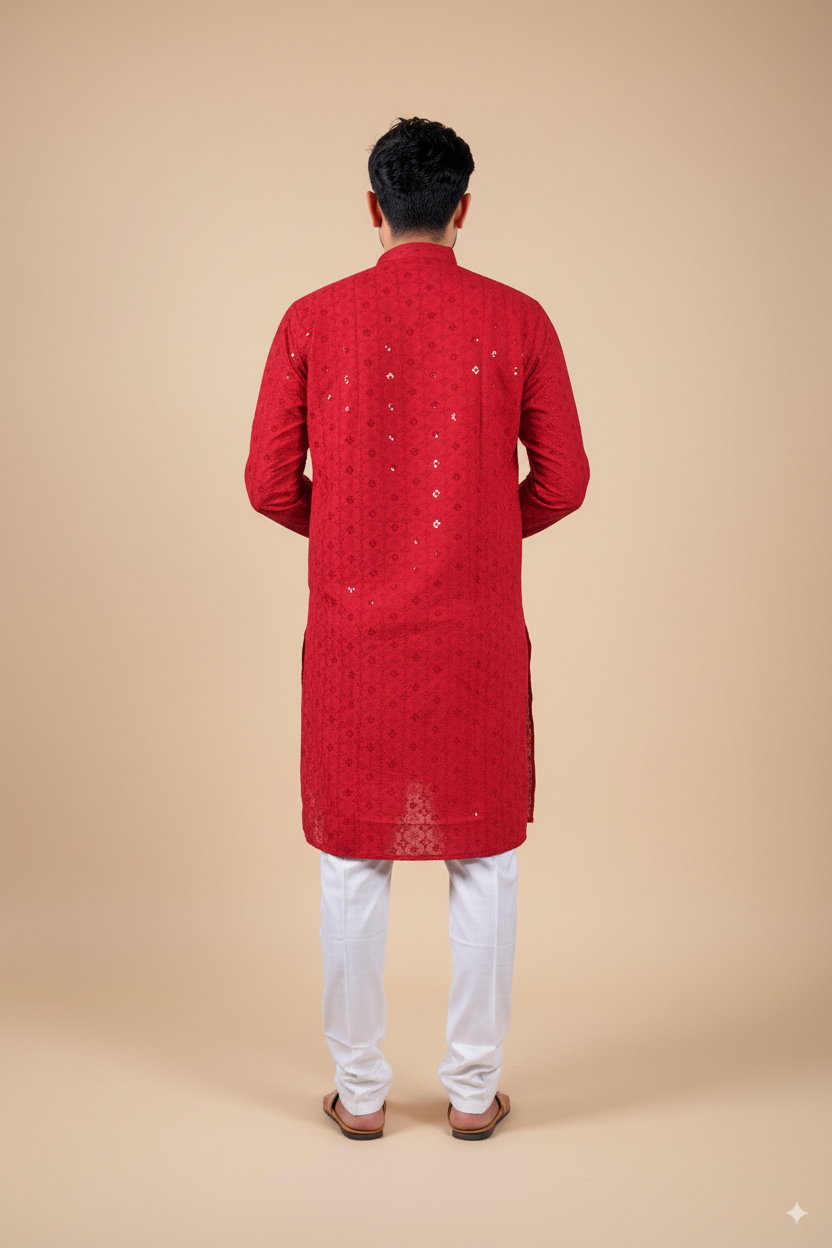Red Embroidered Cotton Kurta