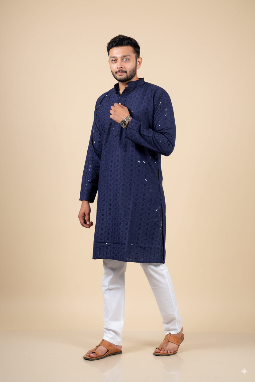 Navy Embroidered Cotton Kurta