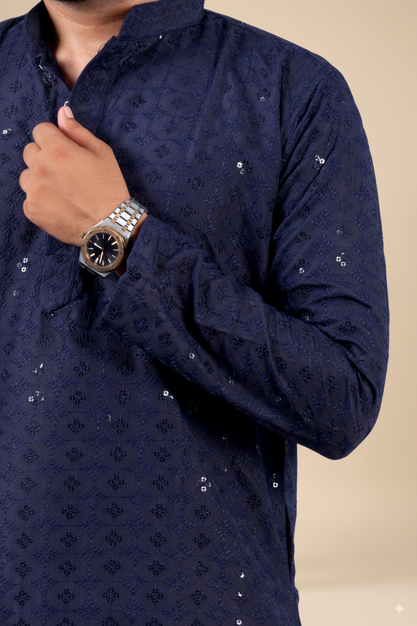 Navy Embroidered Cotton Kurta