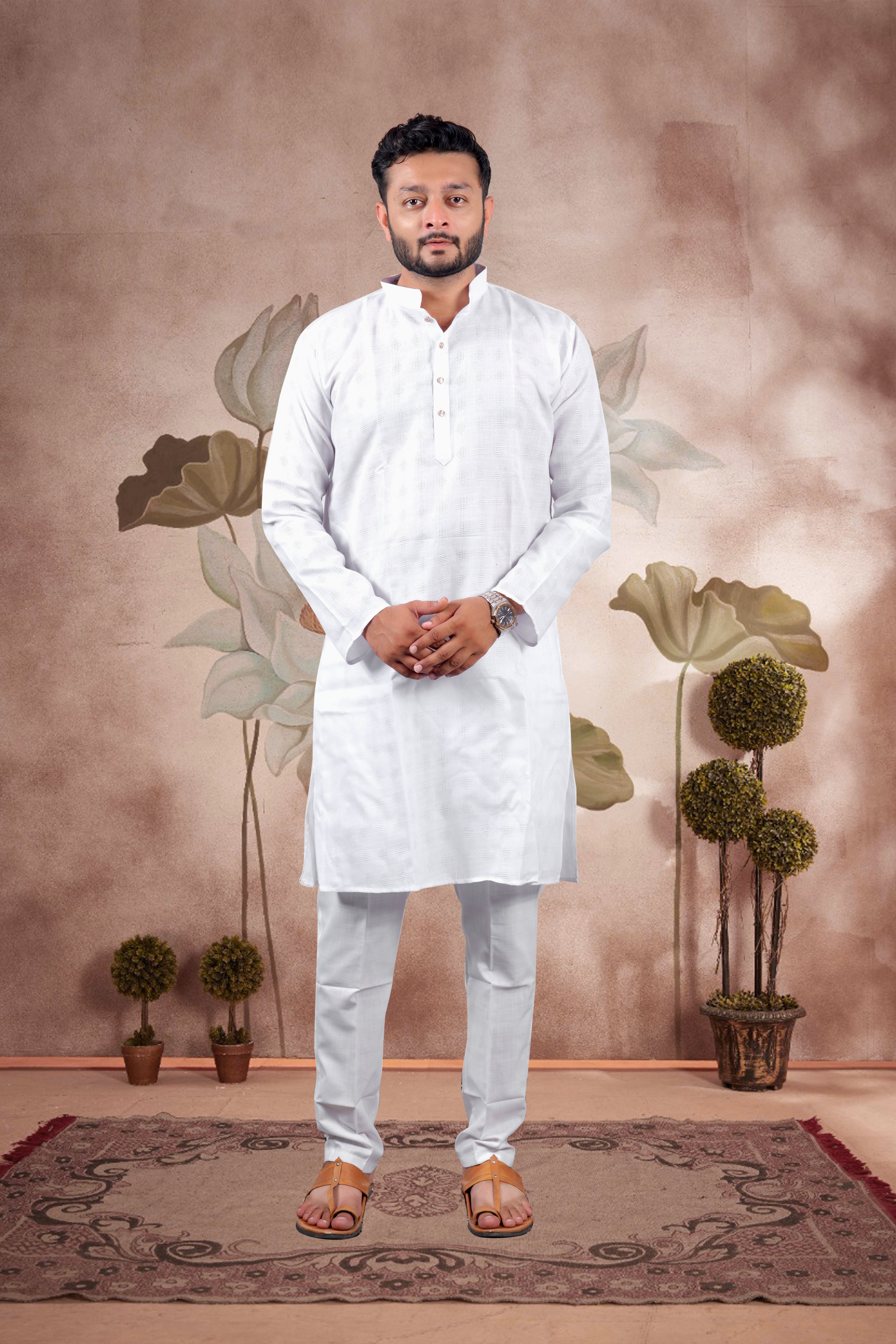 White Checked Cotton Kurta