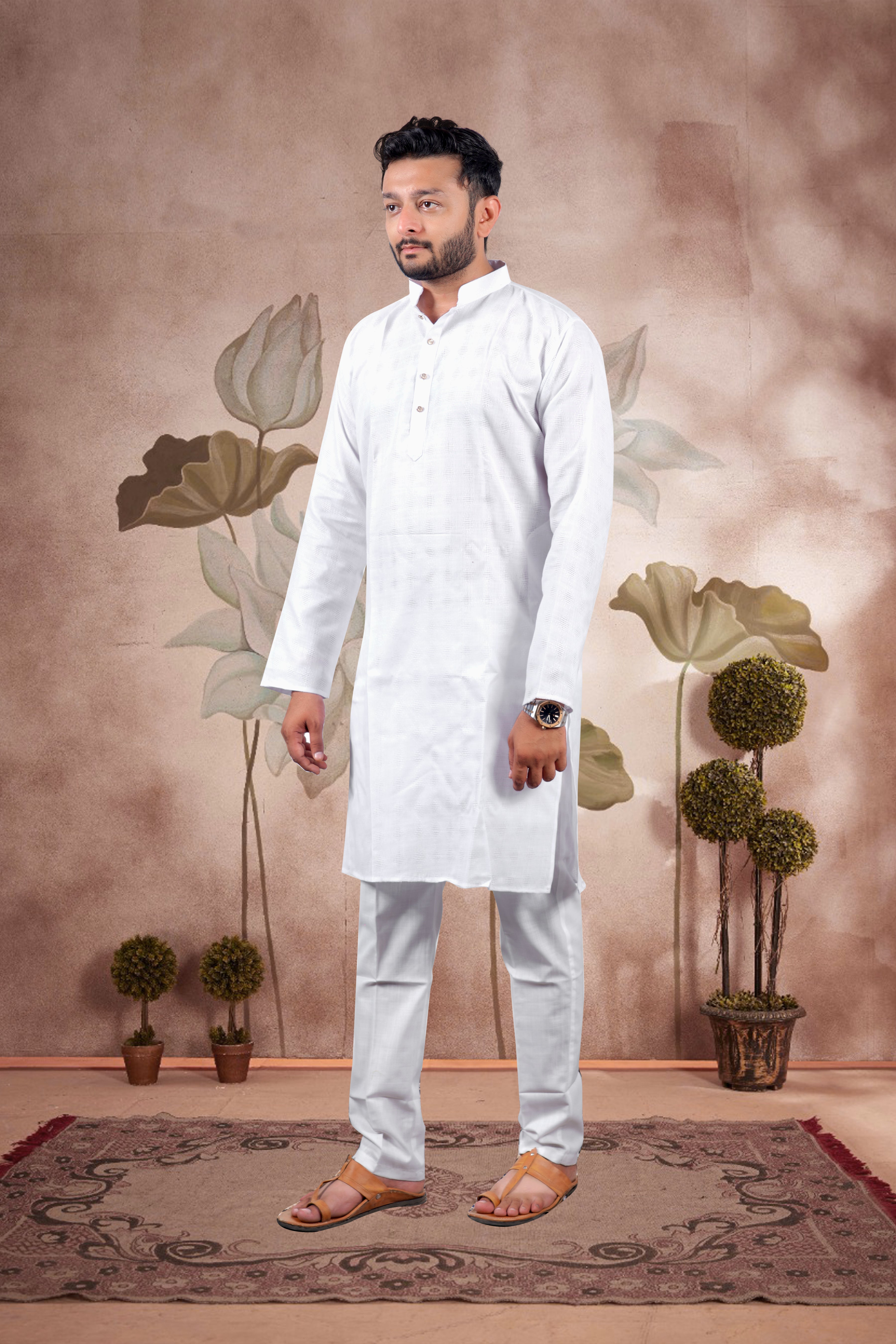 White Checked Cotton Kurta