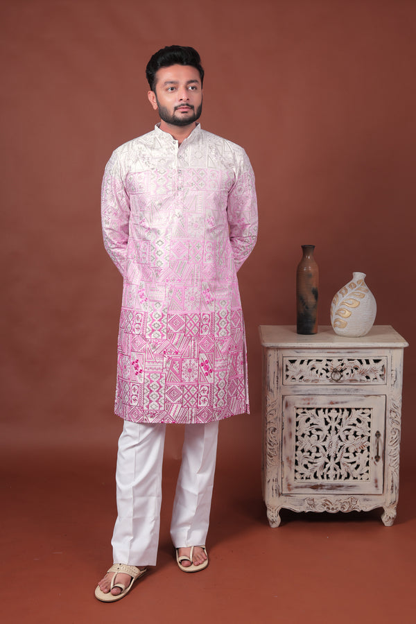 Pink Patchwork-Inspired Art Silk Kurta