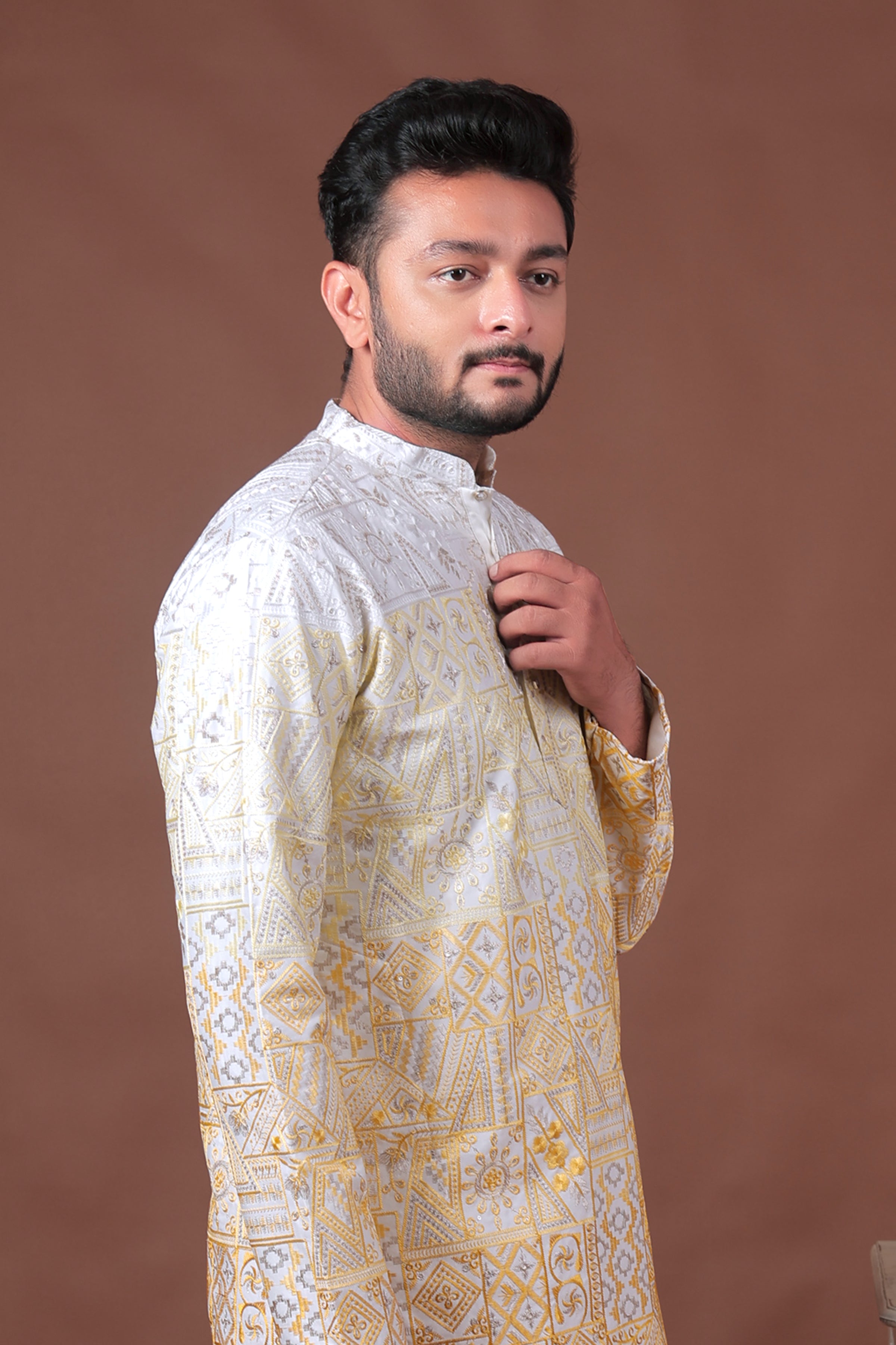 Yellow Patchwork-Inspired Art Silk Kurta