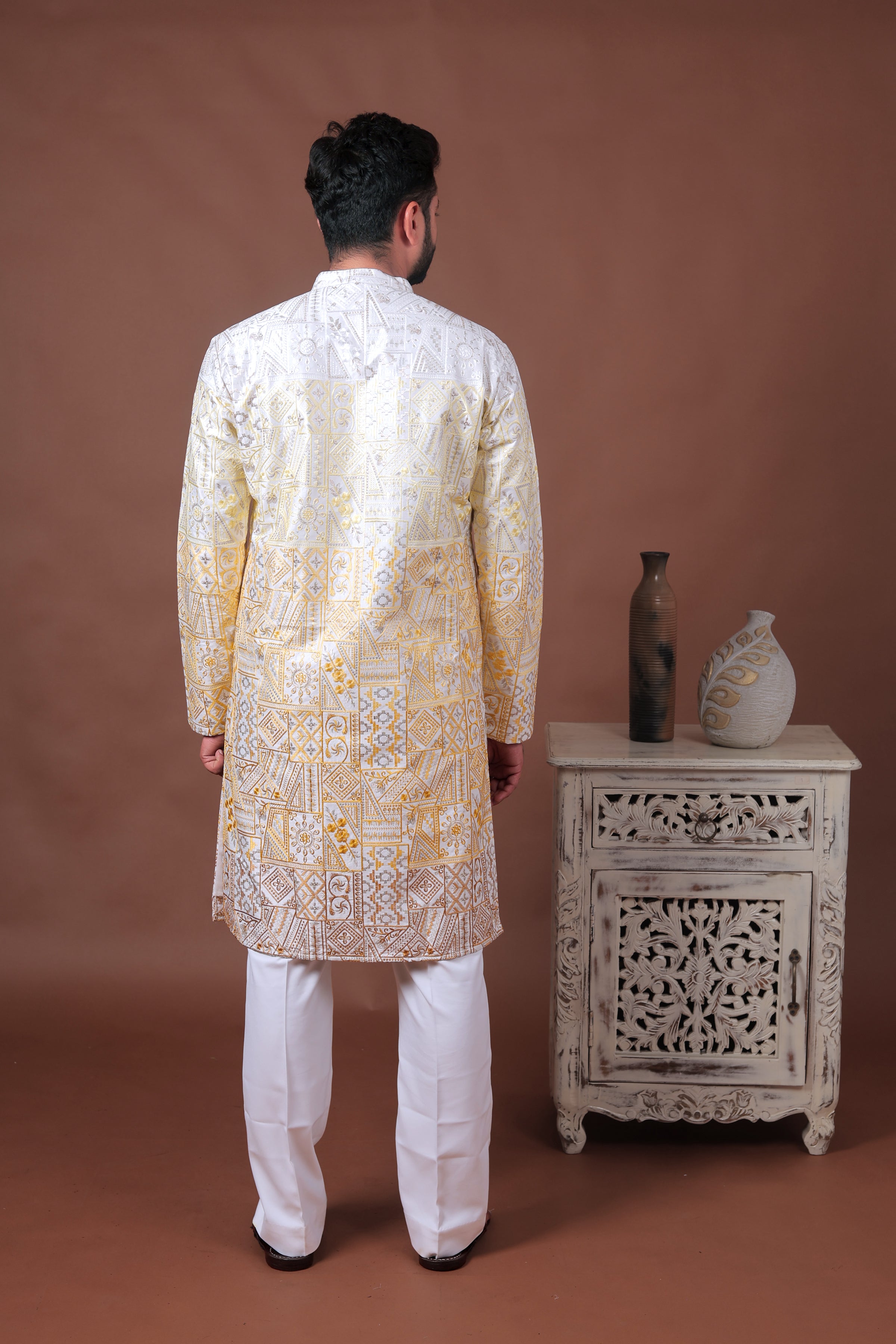 Yellow Patchwork-Inspired Art Silk Kurta