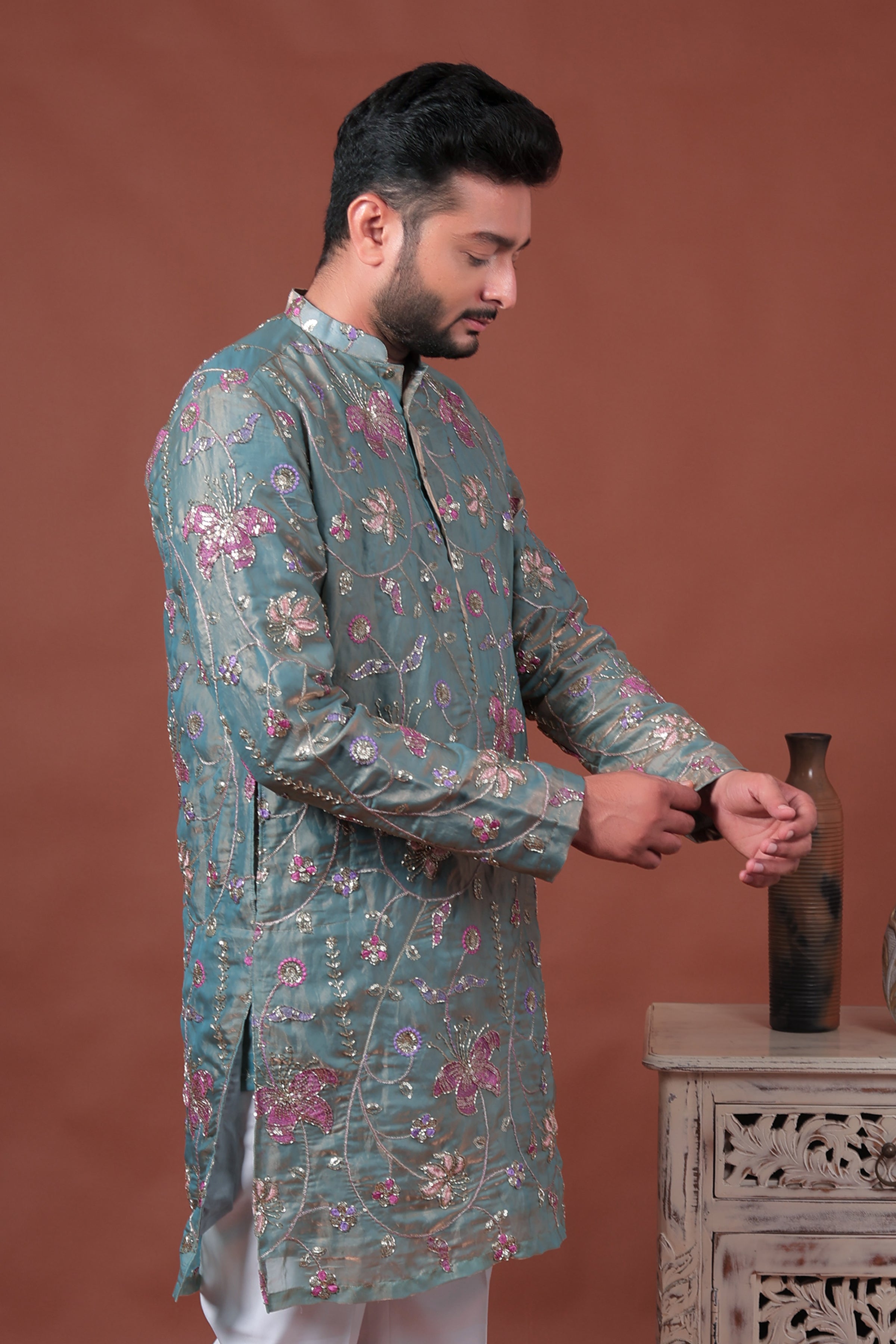 Green Floral Embroidered Art Silk Kurta