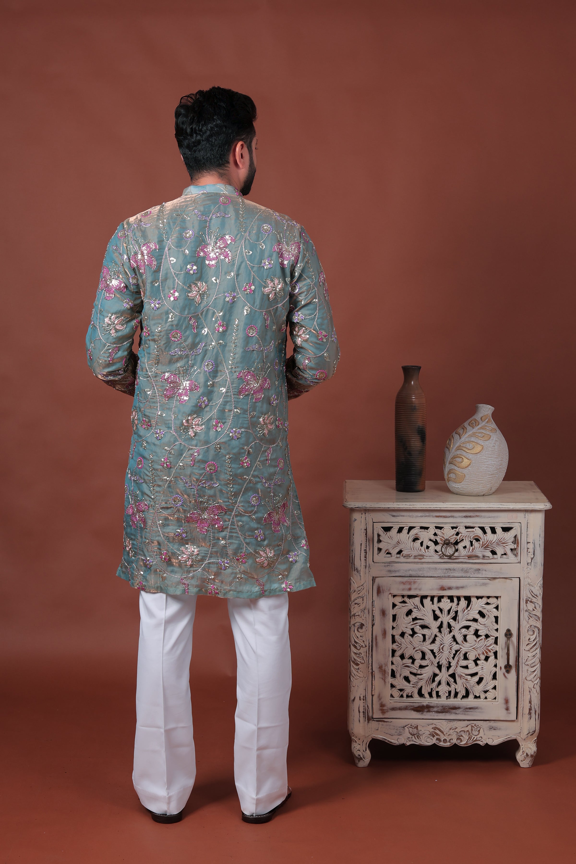 Green Floral Embroidered Art Silk Kurta