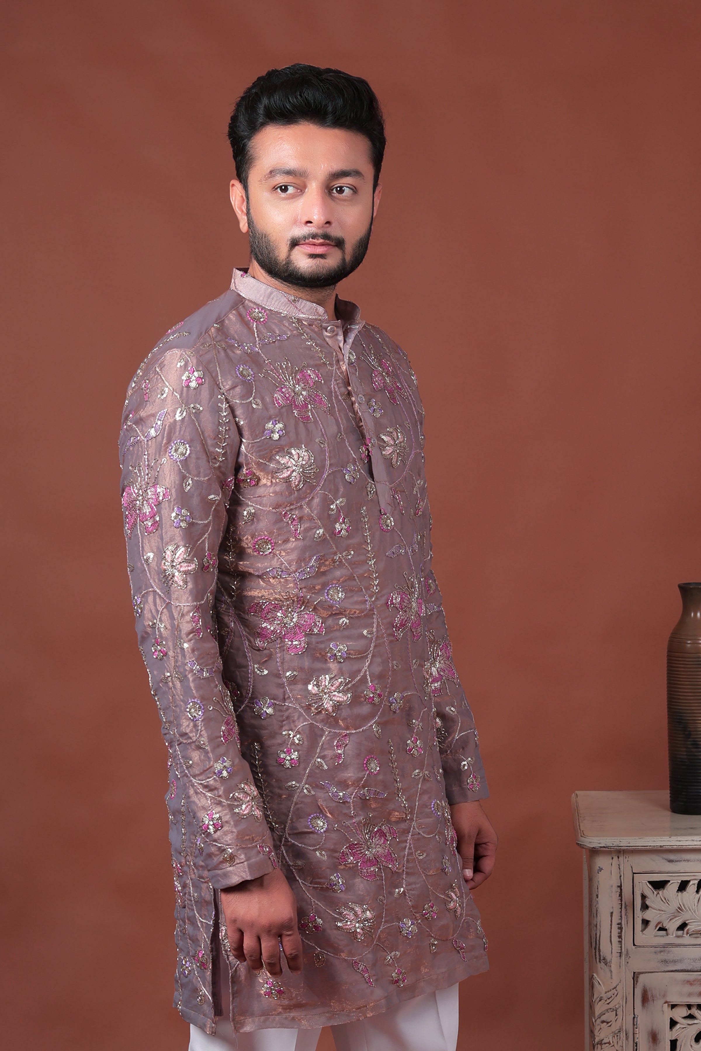 Pink Floral Embroidered Art Silk Kurta
