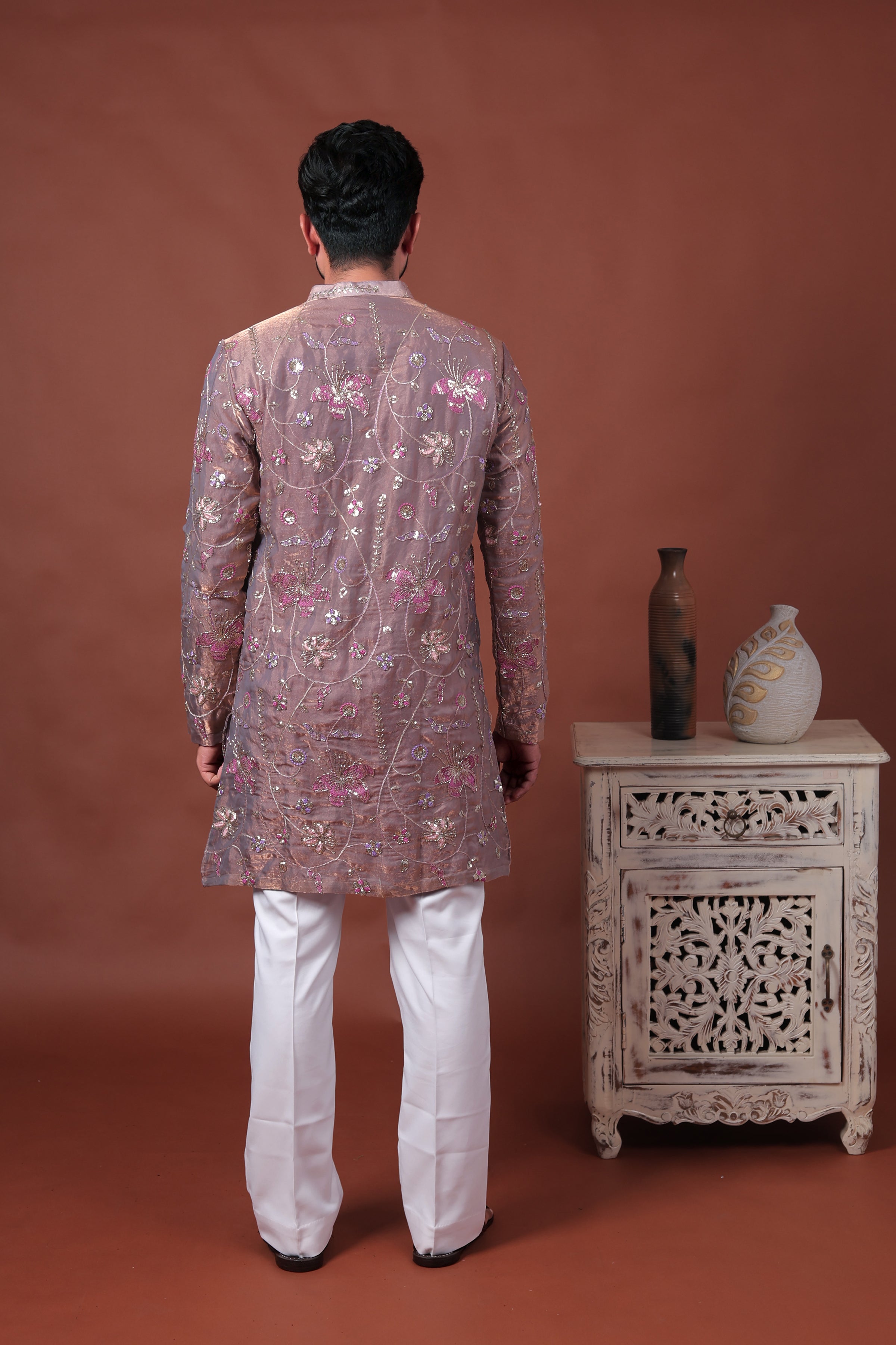 Pink Floral Embroidered Art Silk Kurta