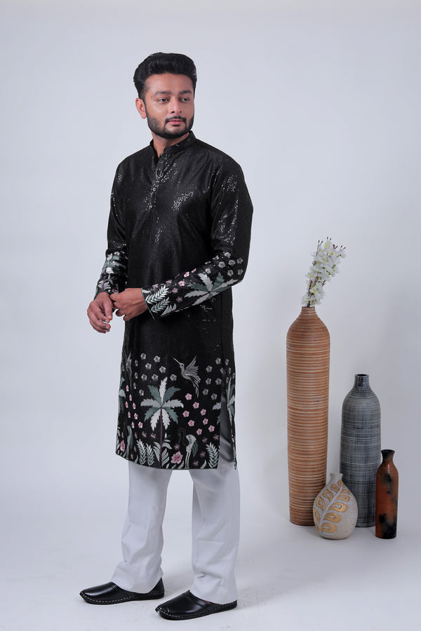 Black Tropical Embroidered Art Silk Kurta