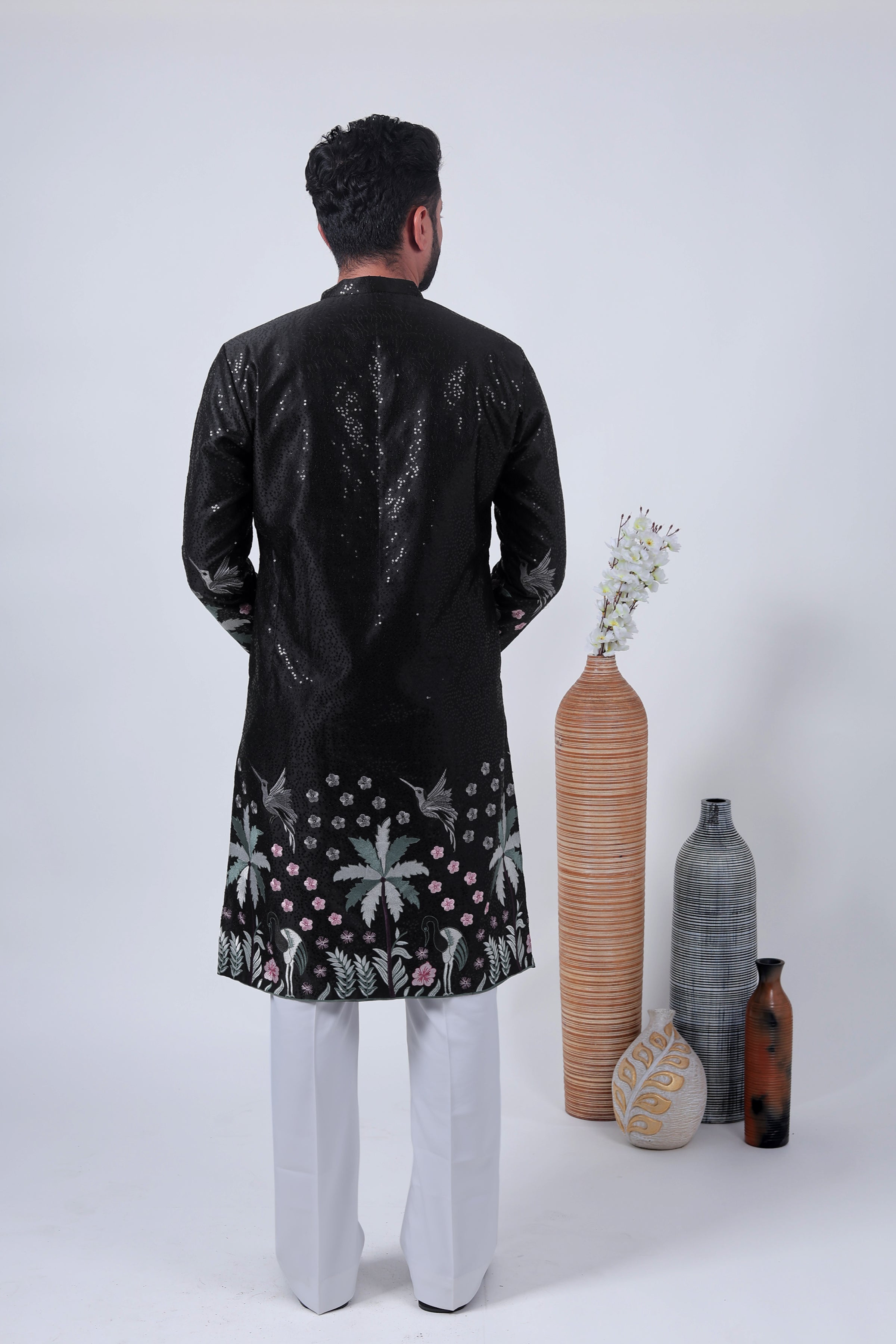Black Tropical Embroidered Art Silk Kurta