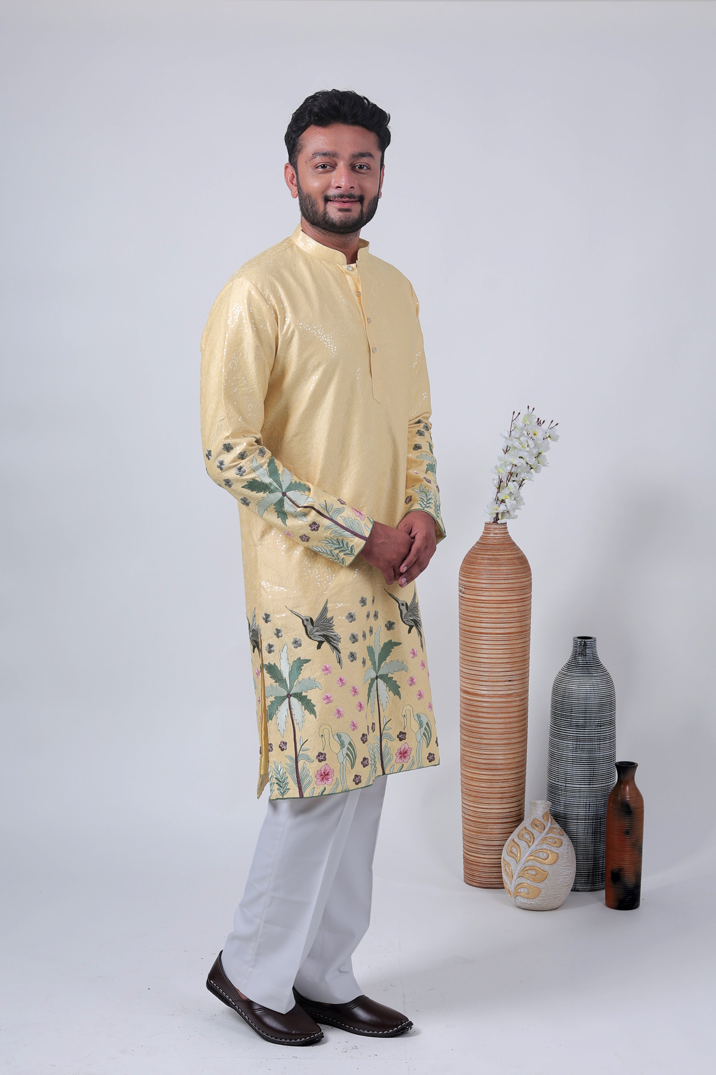 Yellow Tropical Embroidered Art Silk Kurta