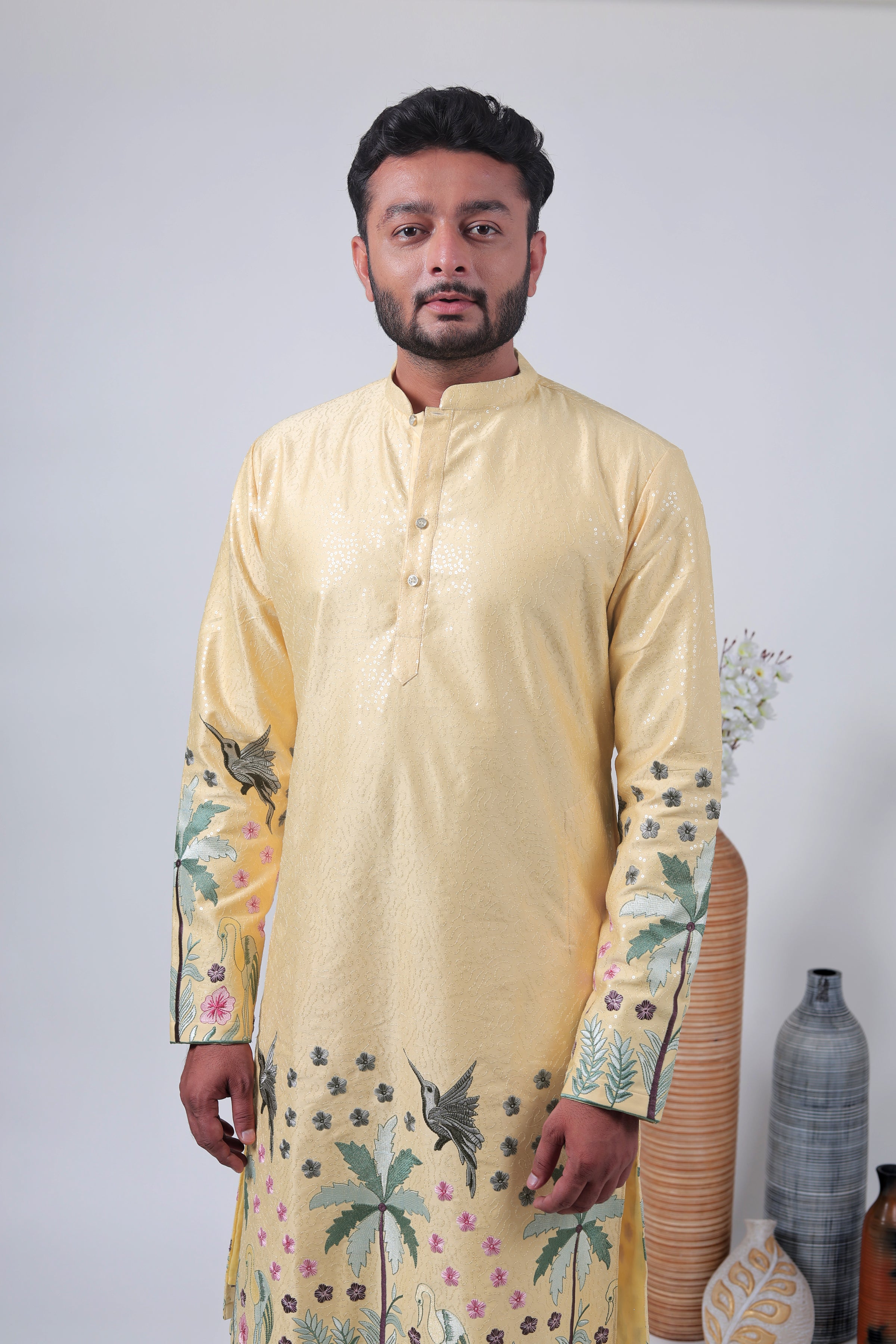 Yellow Tropical Embroidered Art Silk Kurta