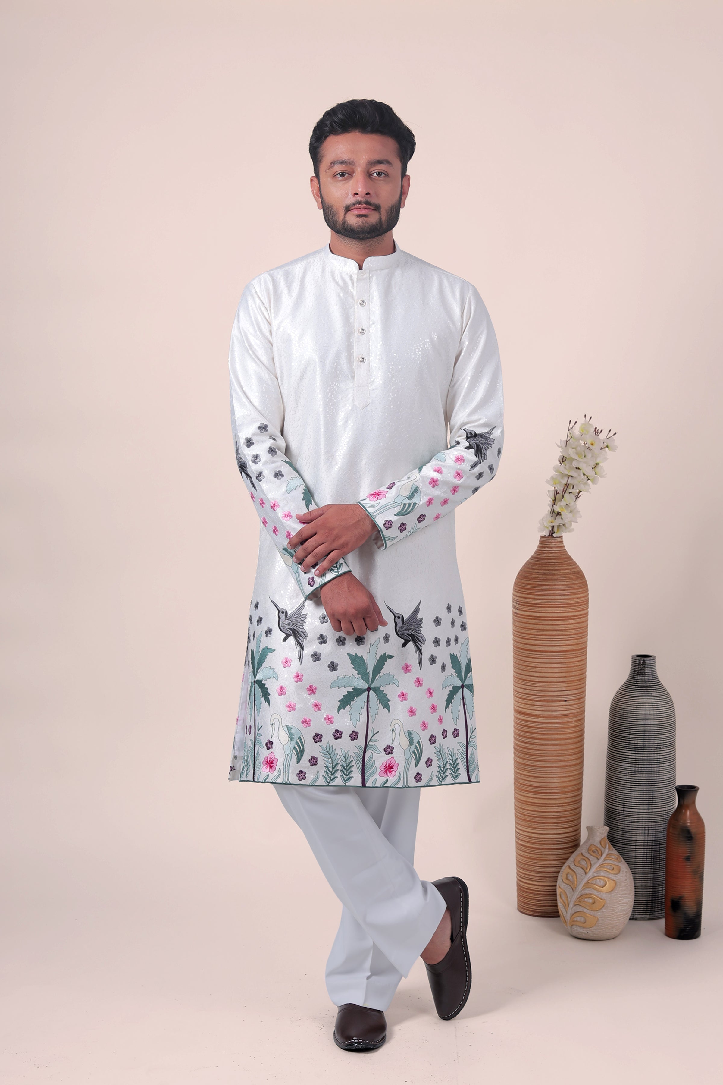 White Tropical Embroidered Art Silk Kurta
