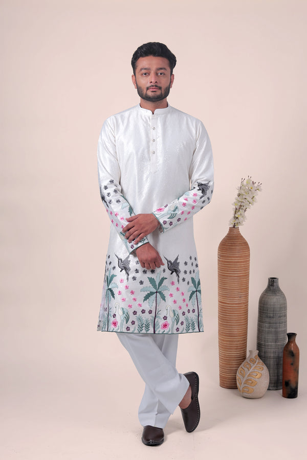White Tropical Embroidered Art Silk Kurta