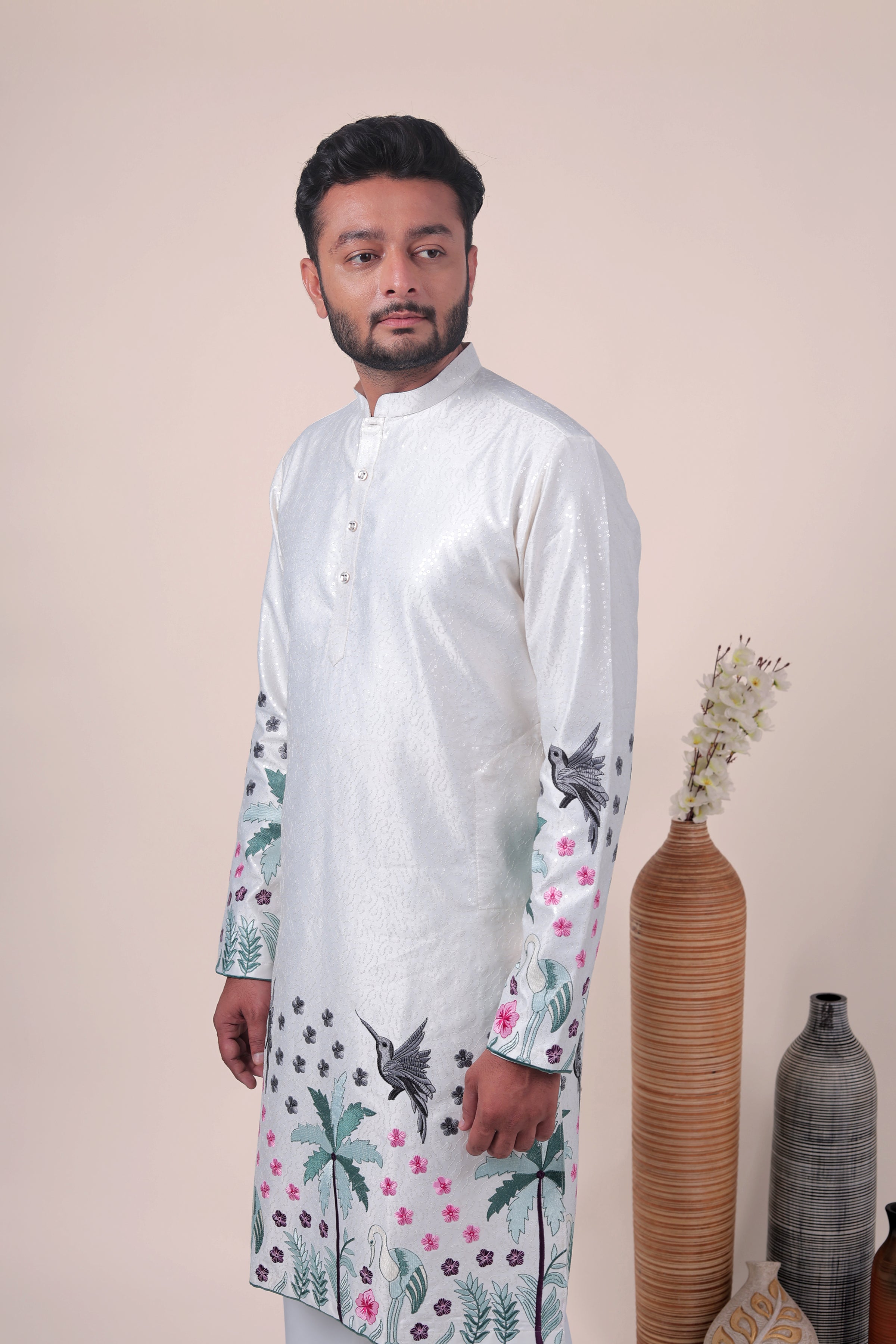 White Tropical Embroidered Art Silk Kurta