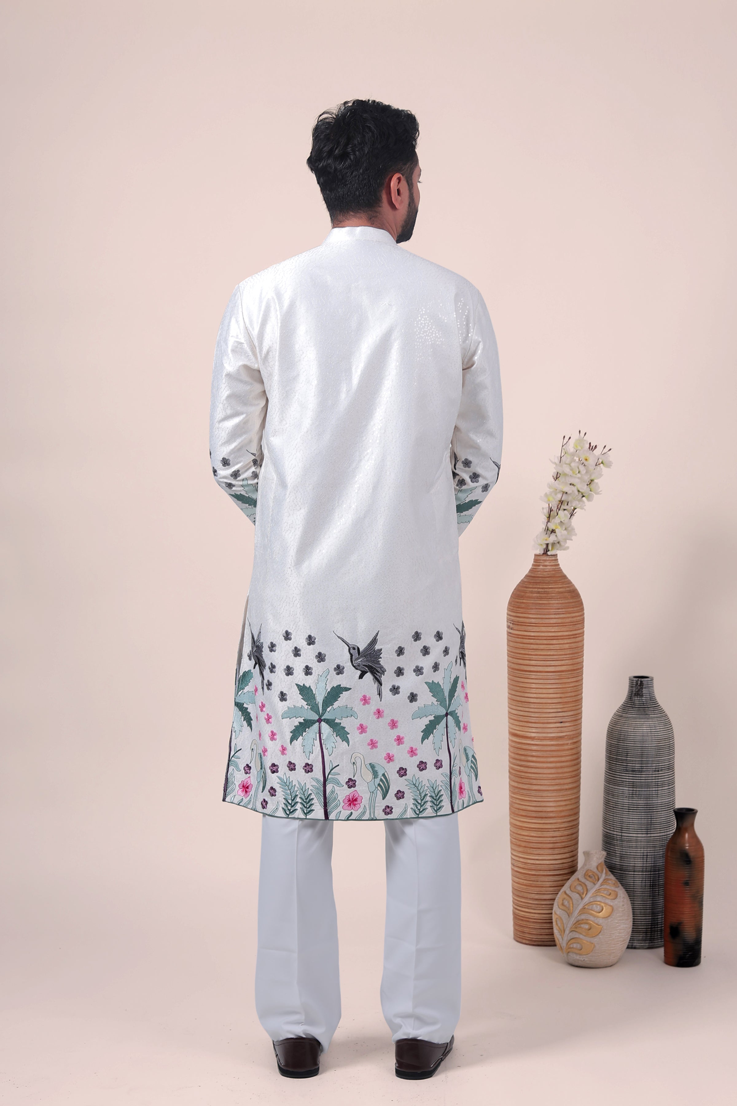 White Tropical Embroidered Art Silk Kurta