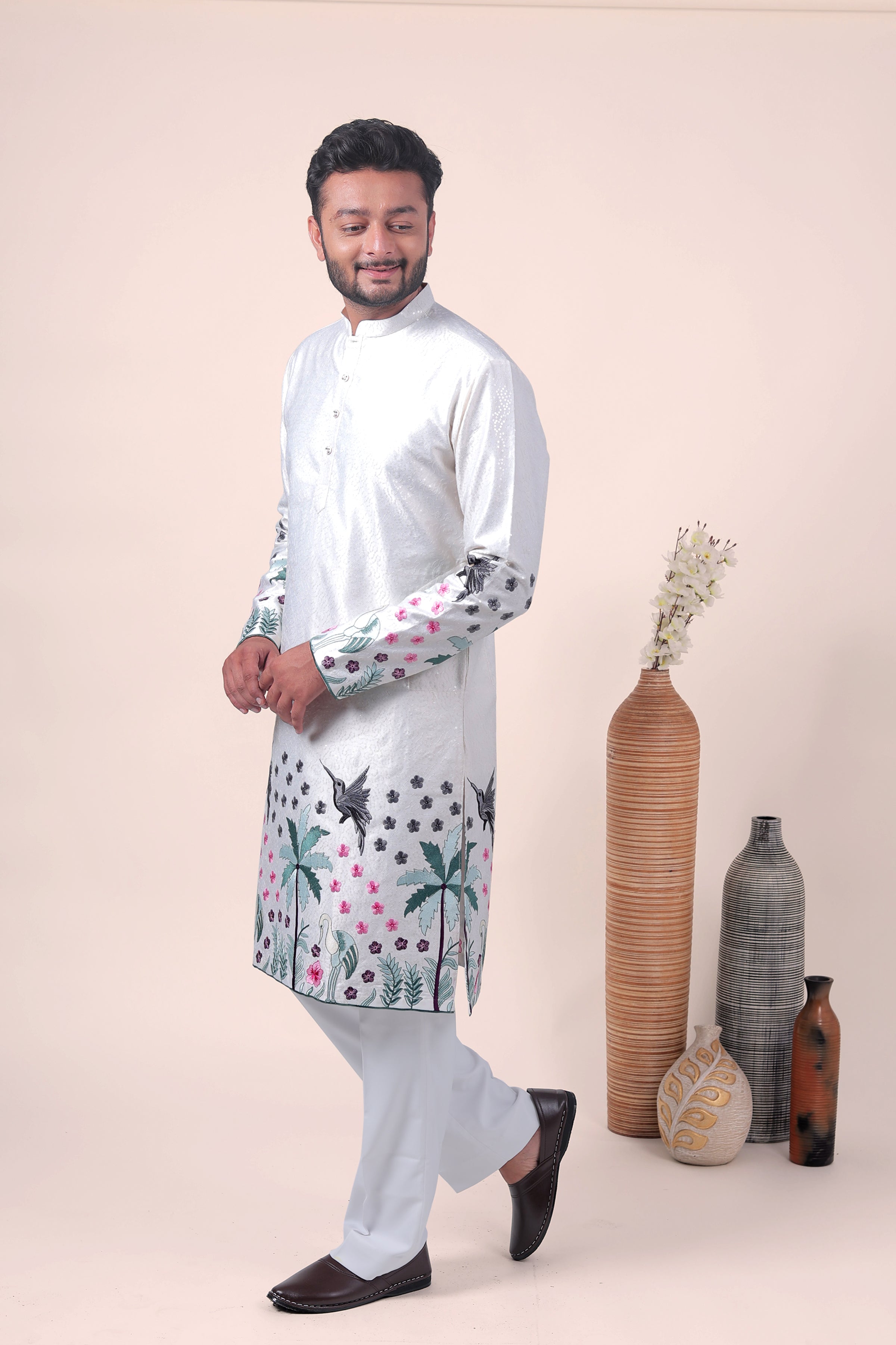 White Tropical Embroidered Art Silk Kurta