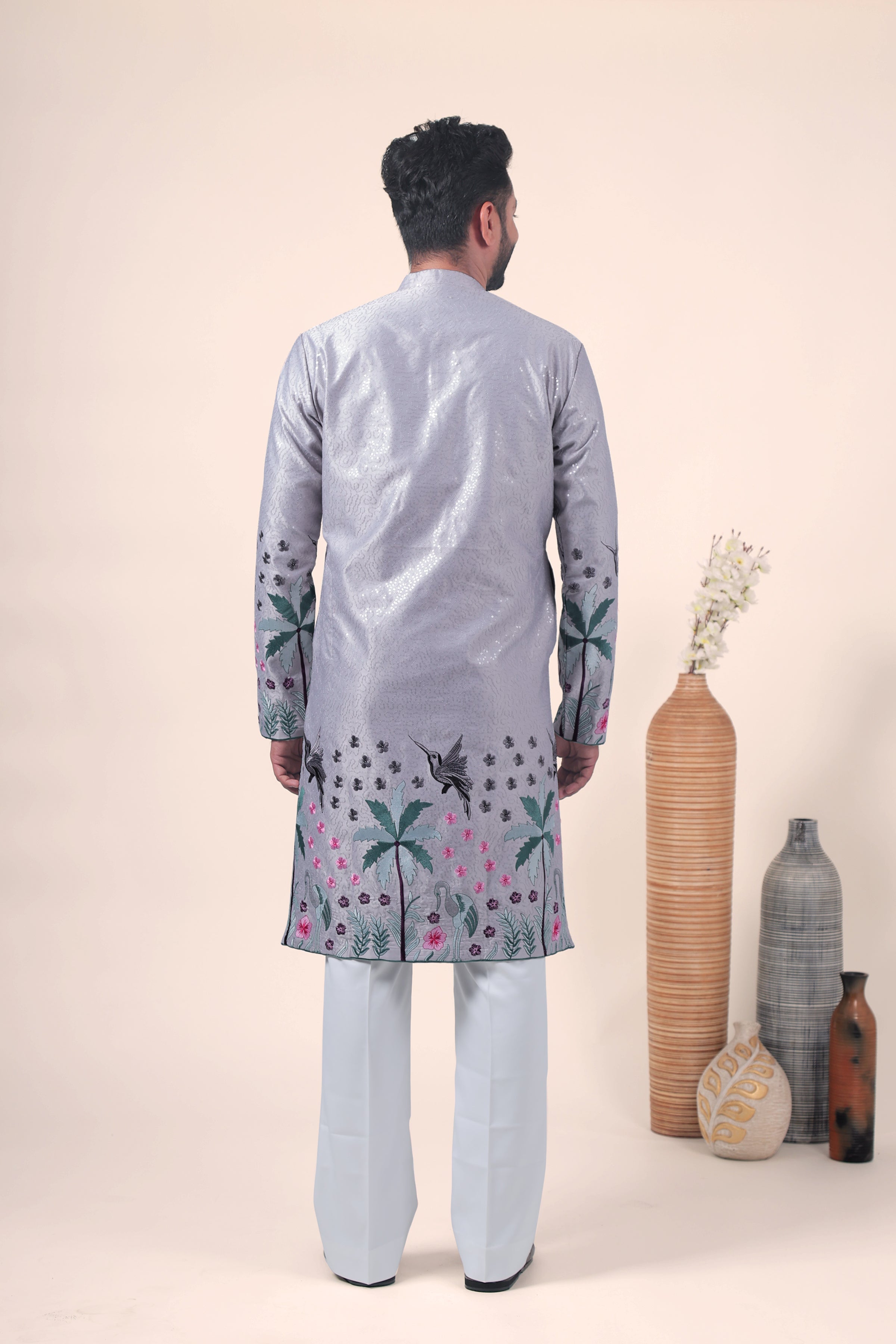 Grey Tropical Embroidered Art Silk Kurta