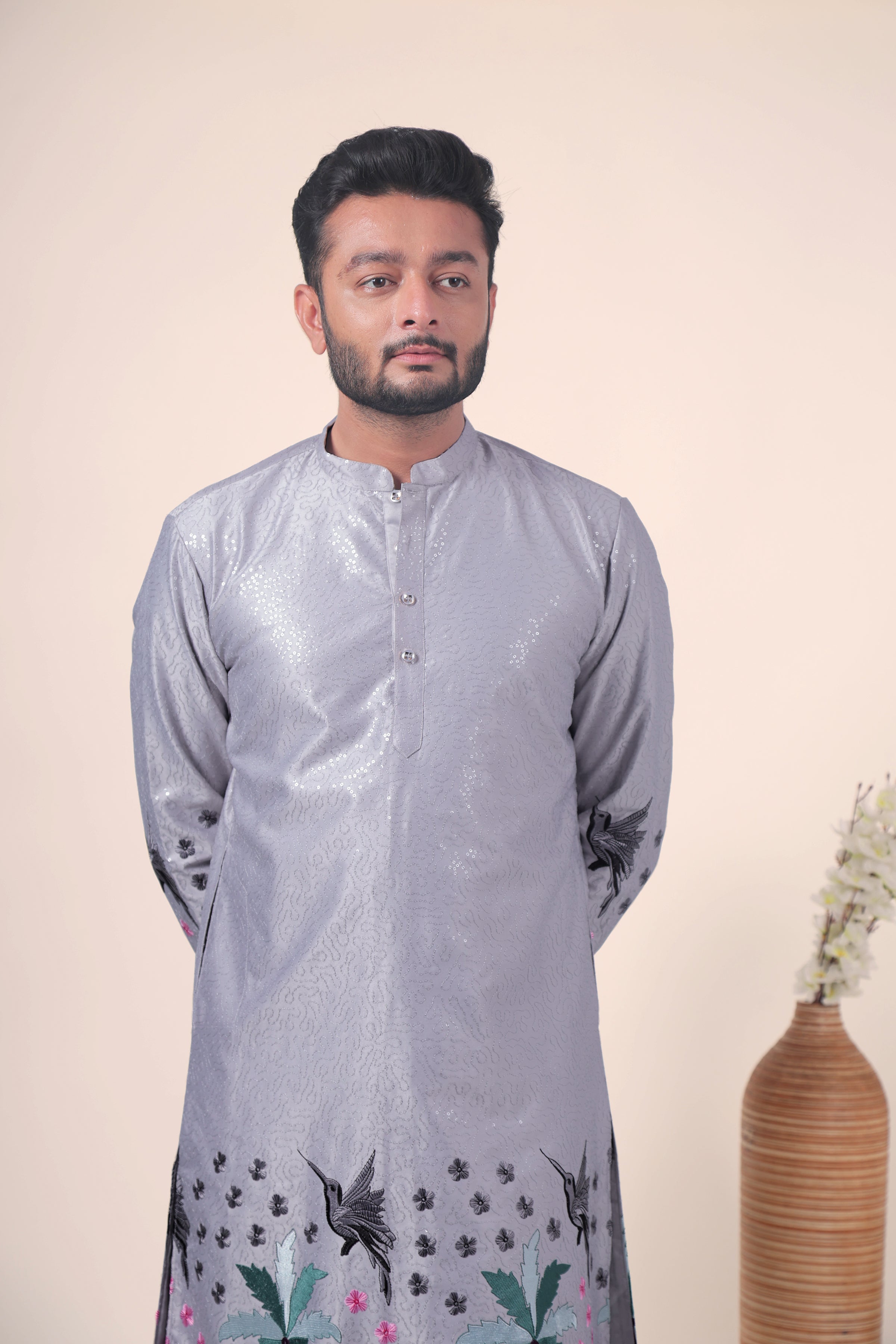 Grey Tropical Embroidered Art Silk Kurta