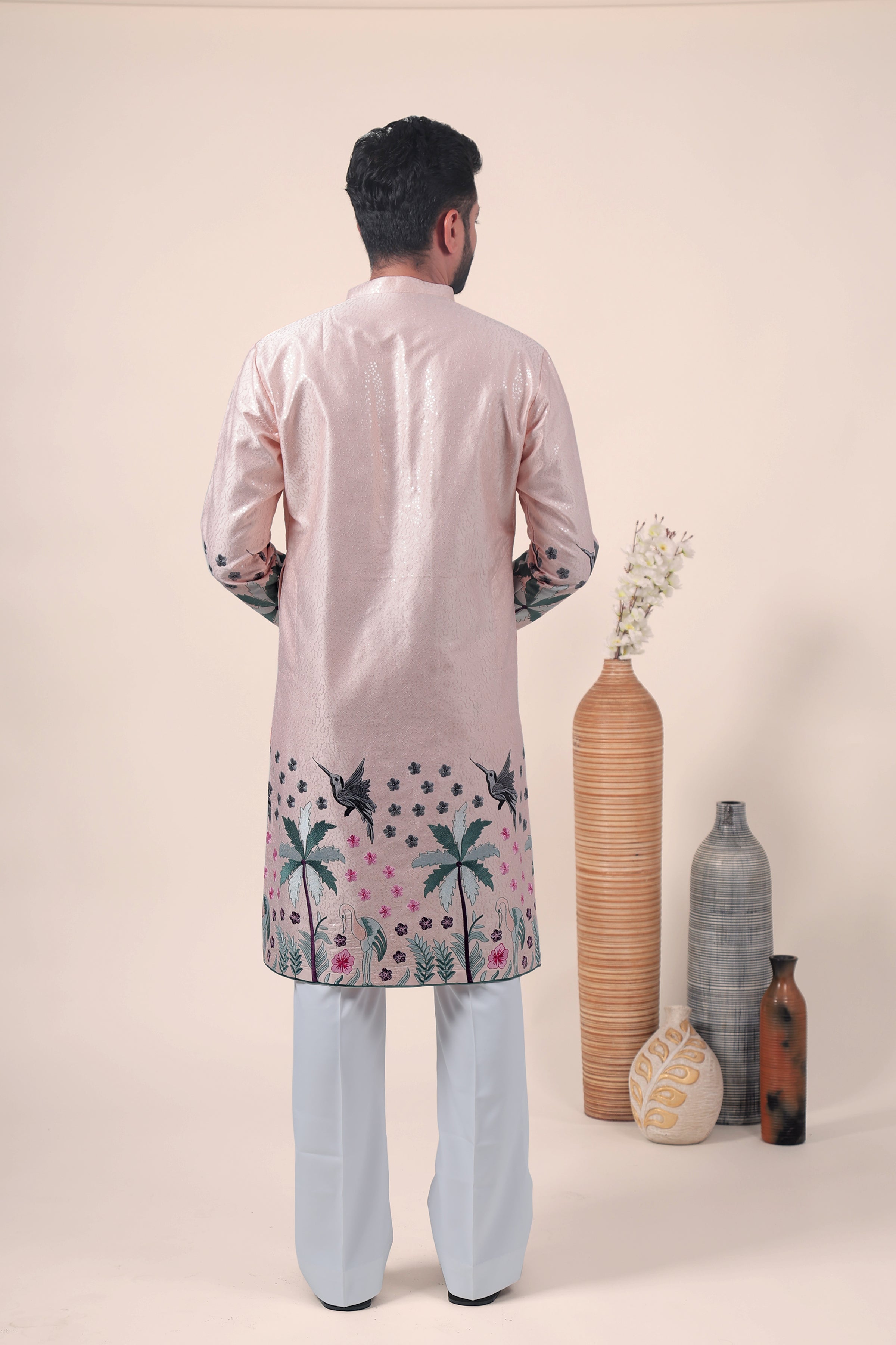 Peach Tropical Embroidered Art Silk Kurta