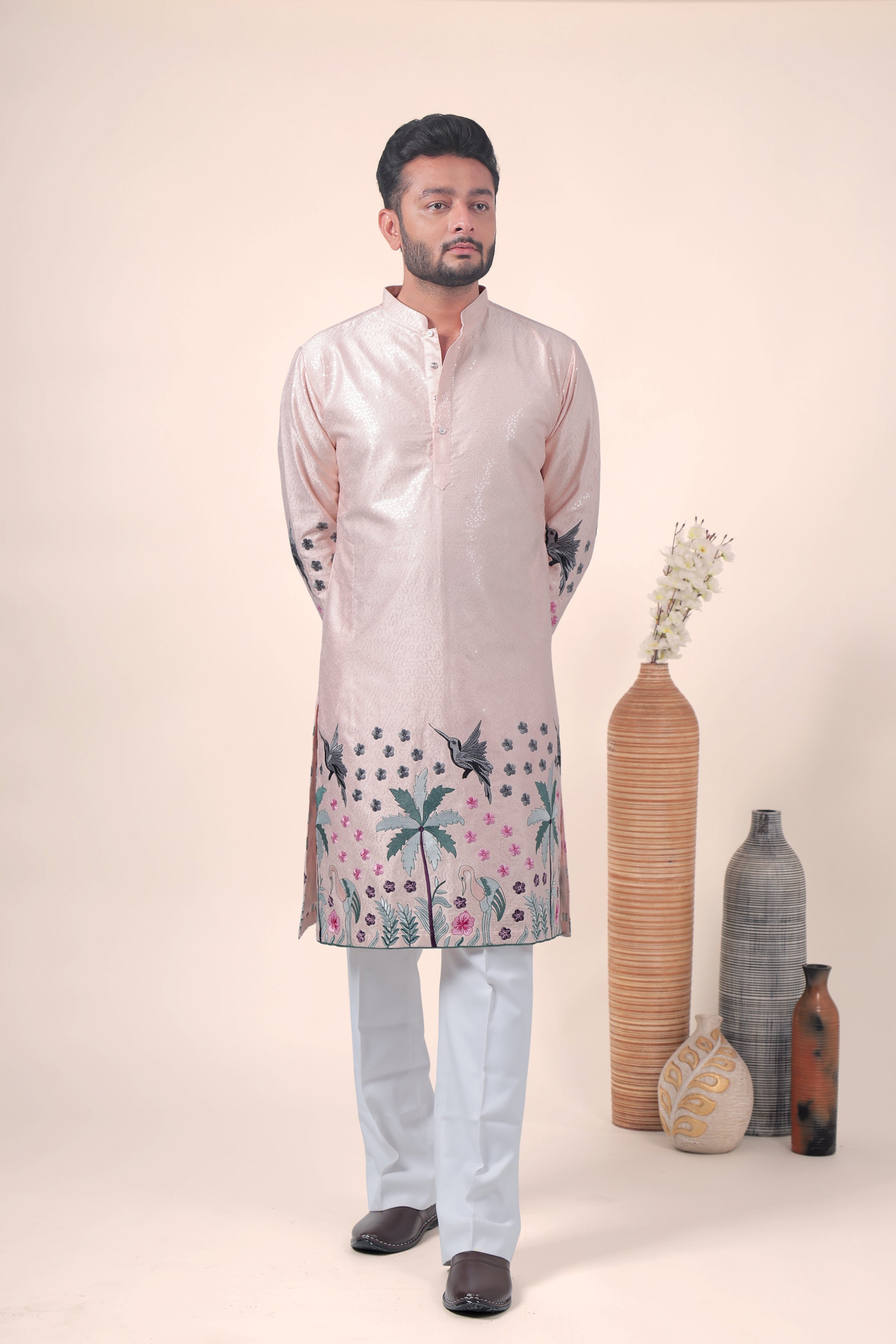 Peach Tropical Embroidered Art Silk Kurta