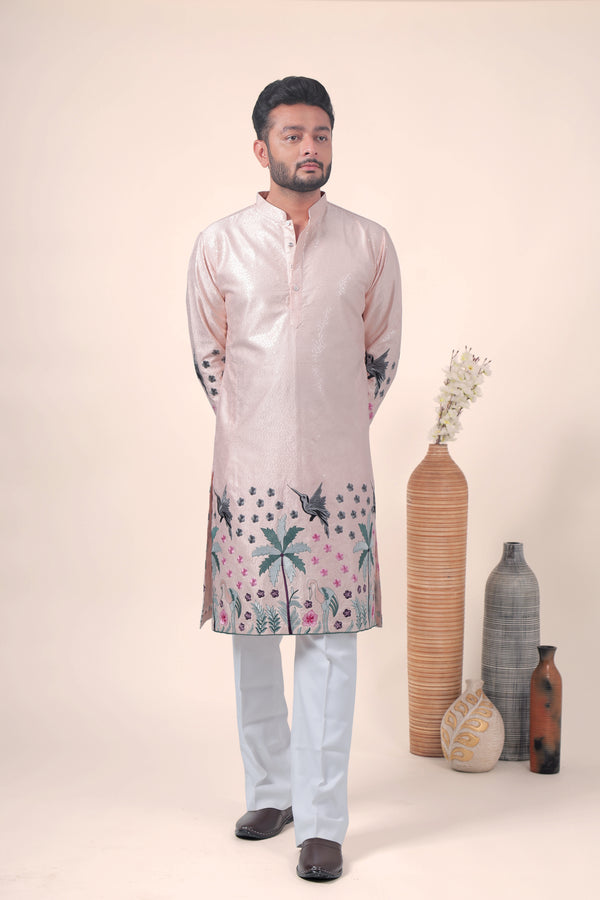 Peach Tropical Embroidered Art Silk Kurta