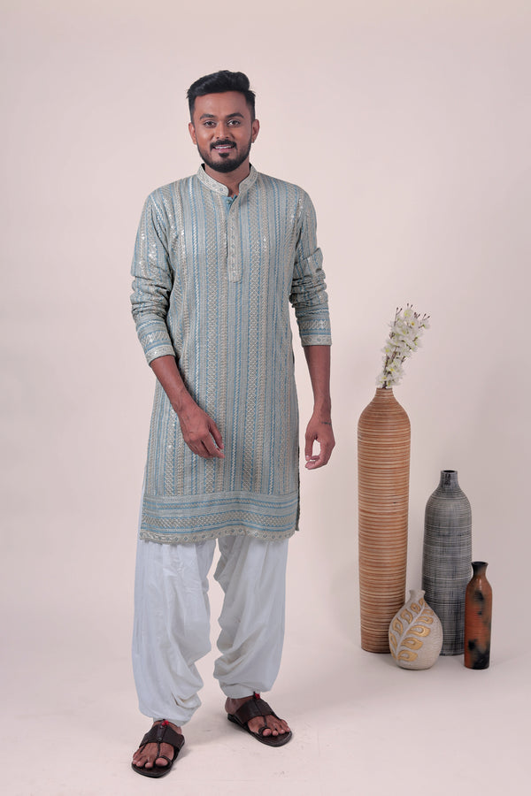Blue Zari Embroidered Rayon Kurta
