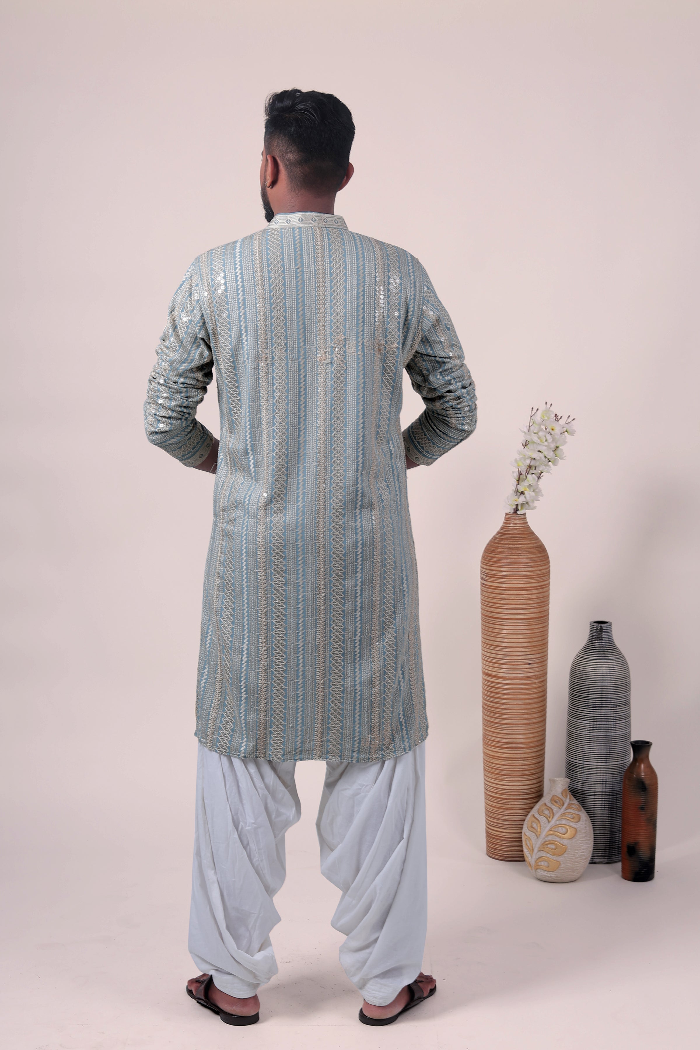 Blue Zari Embroidered Rayon Kurta