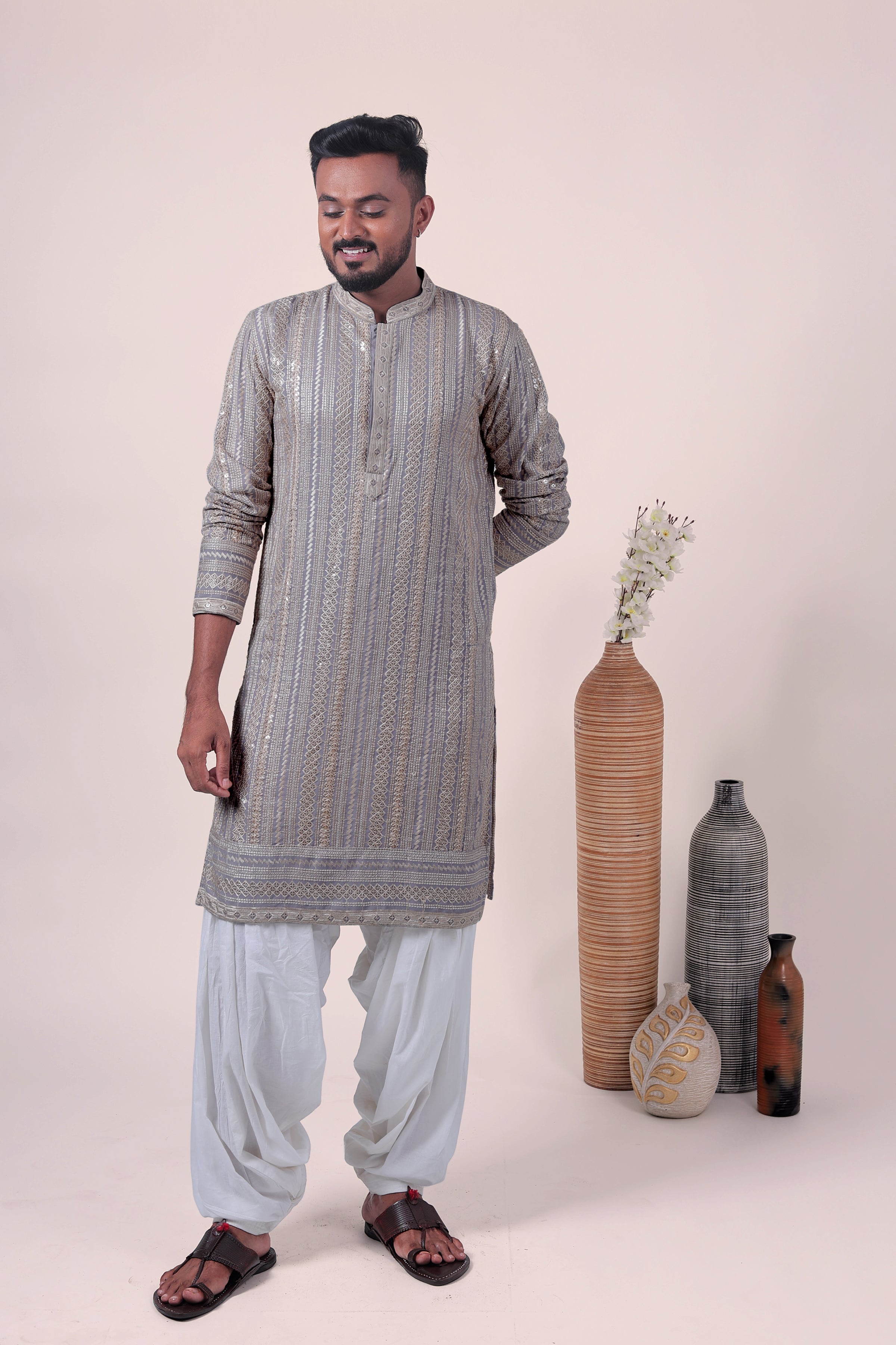 Gray Zari Embroidered Rayon Kurta