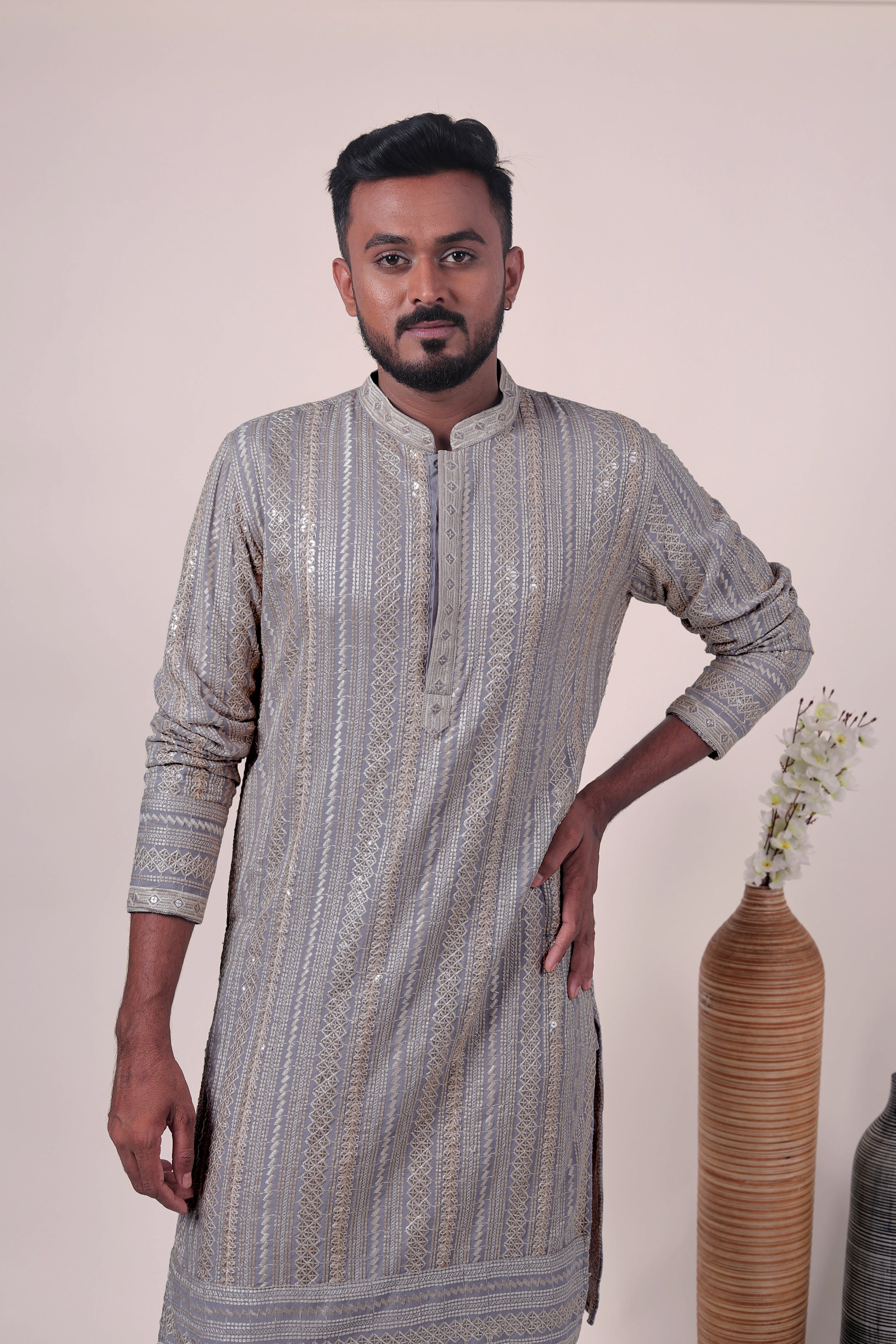 Gray Zari Embroidered Rayon Kurta
