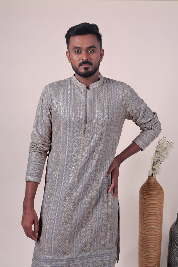 Gray Zari Embroidered Rayon Kurta