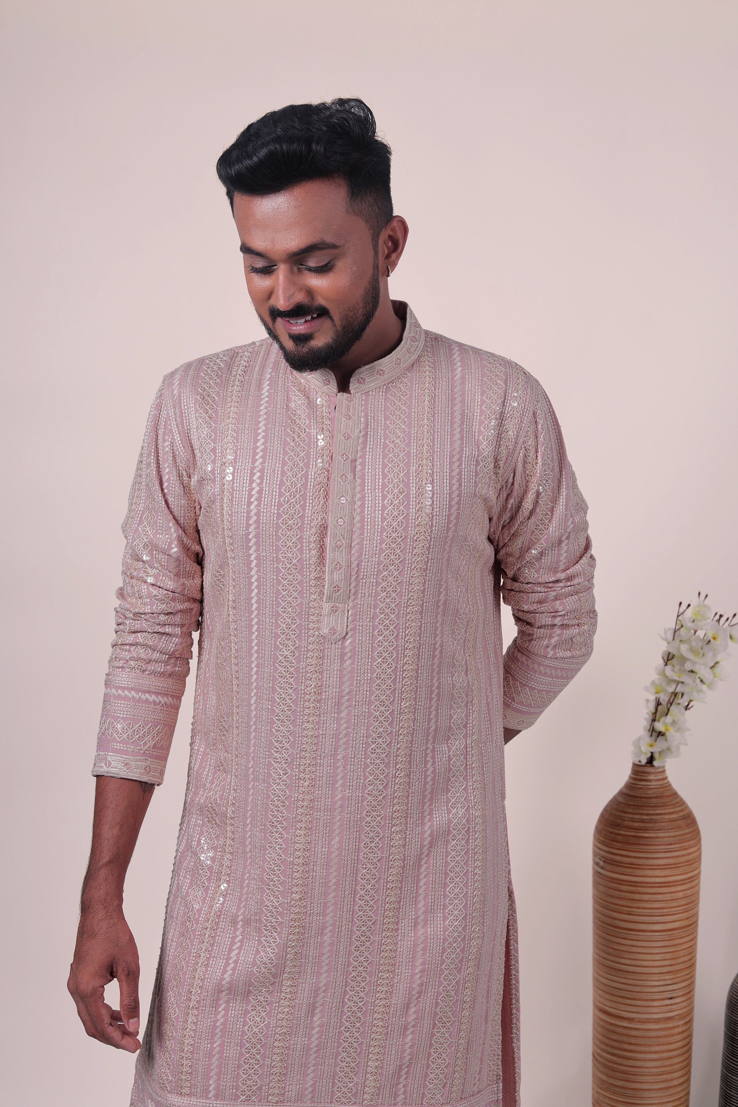 Peach Zari Embroidered Rayon Kurta