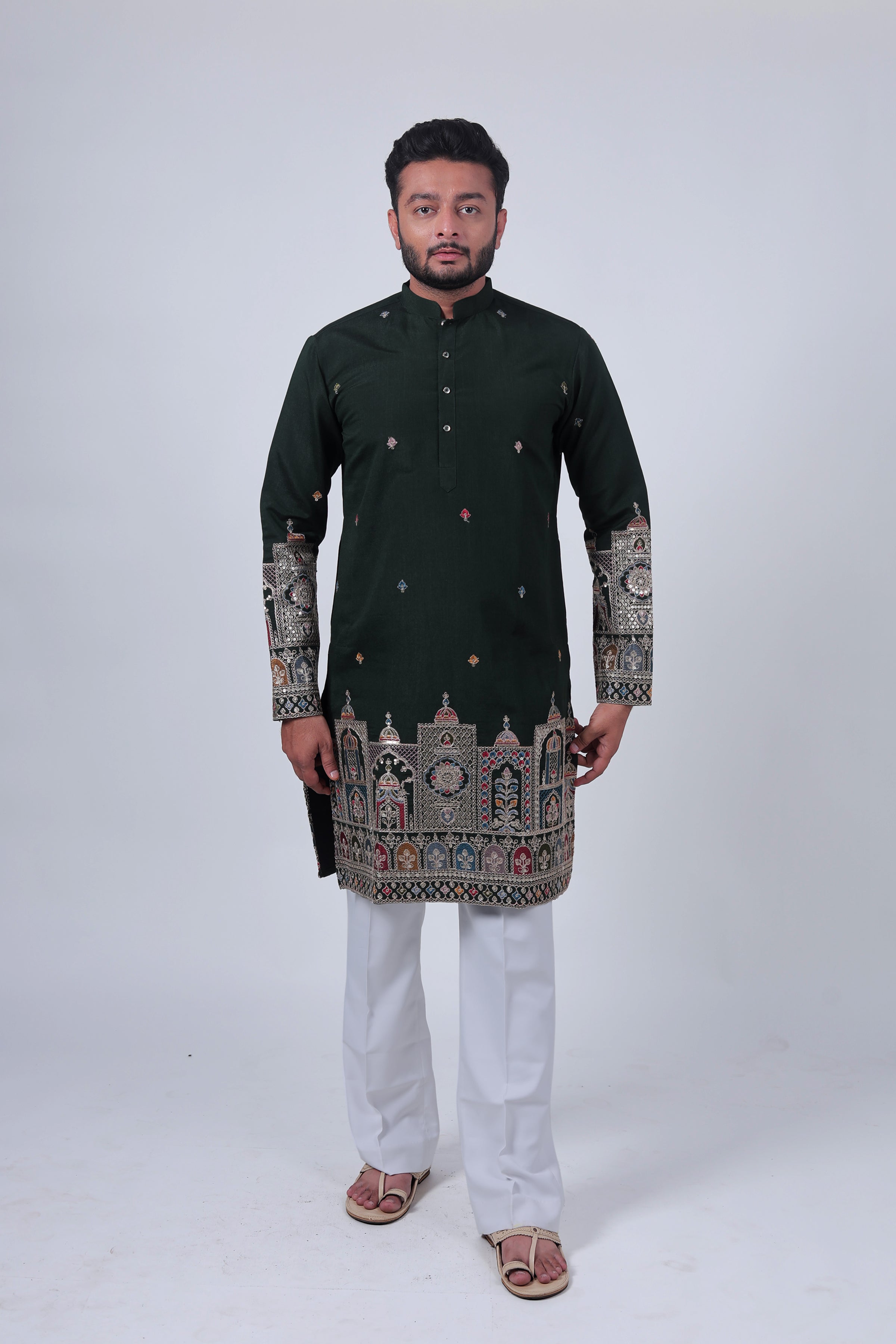 Green Mirror & Zari Embroidered Kurta