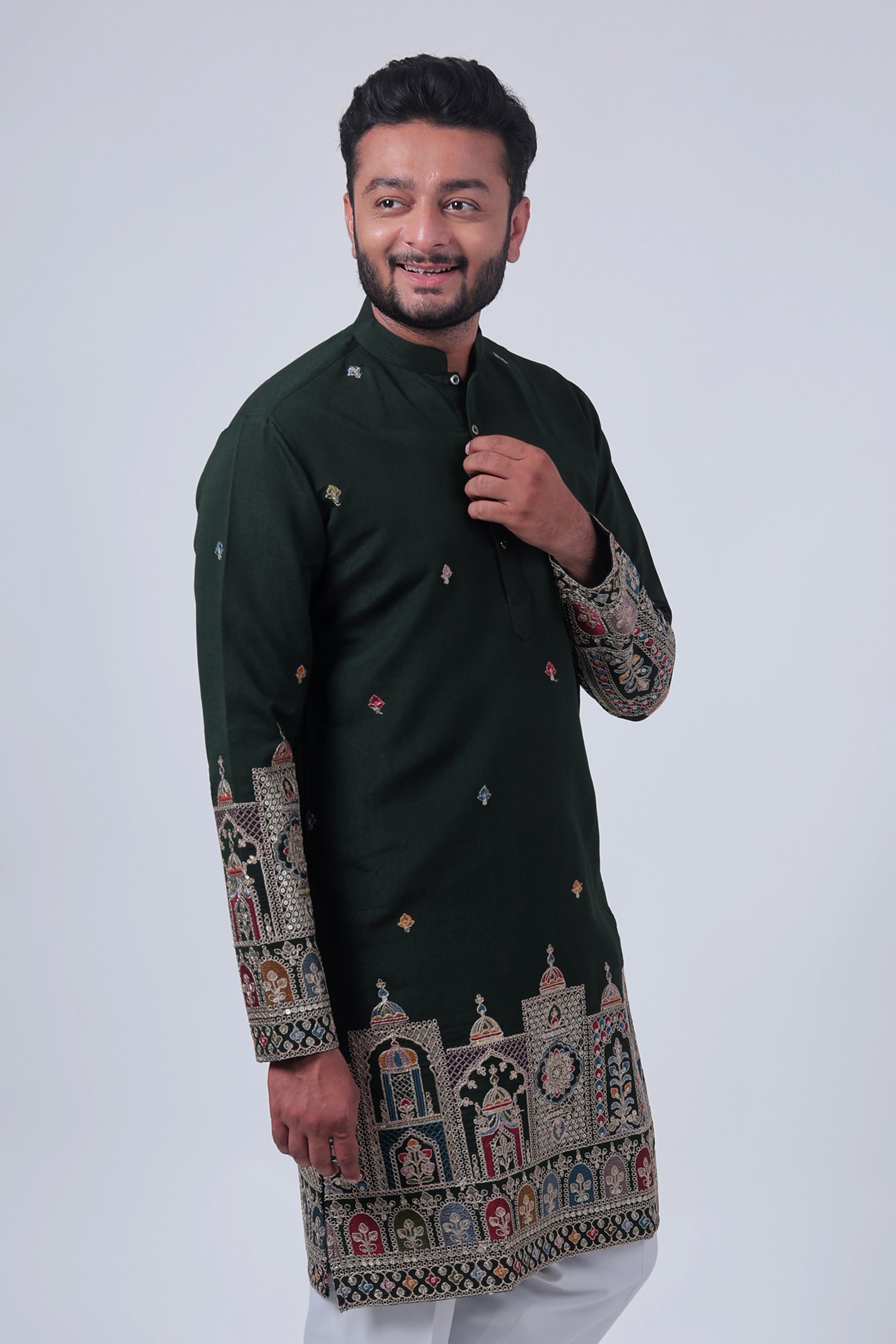 Green Mirror & Zari Embroidered Kurta