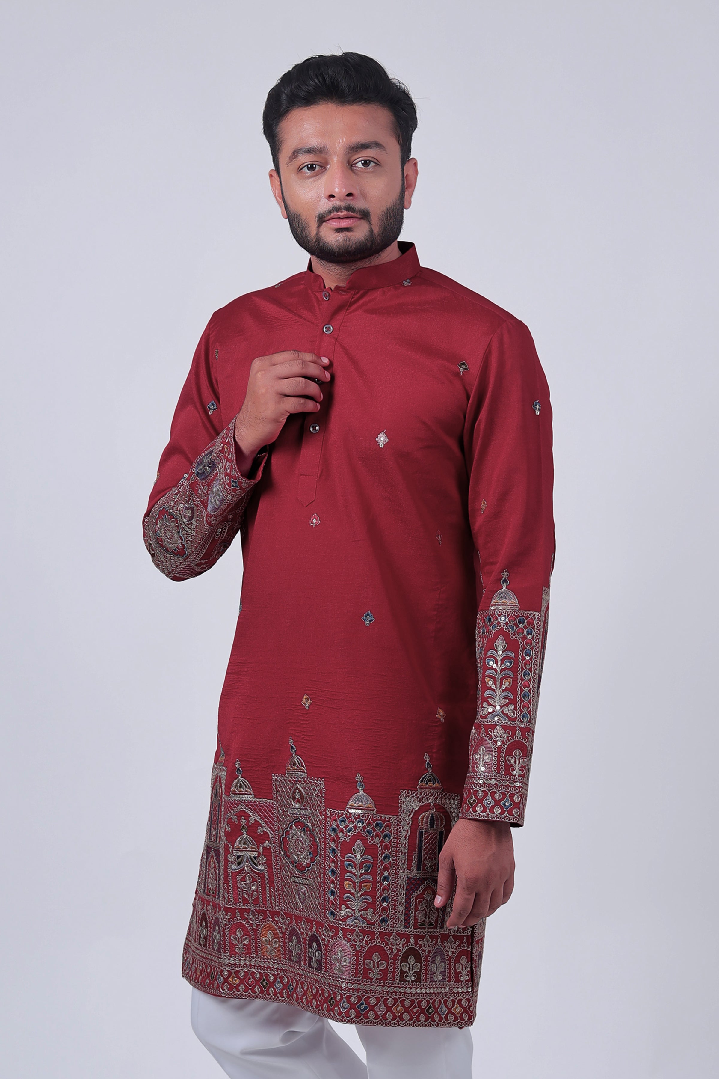 Red Mirror & Zari Embroidered Kurta