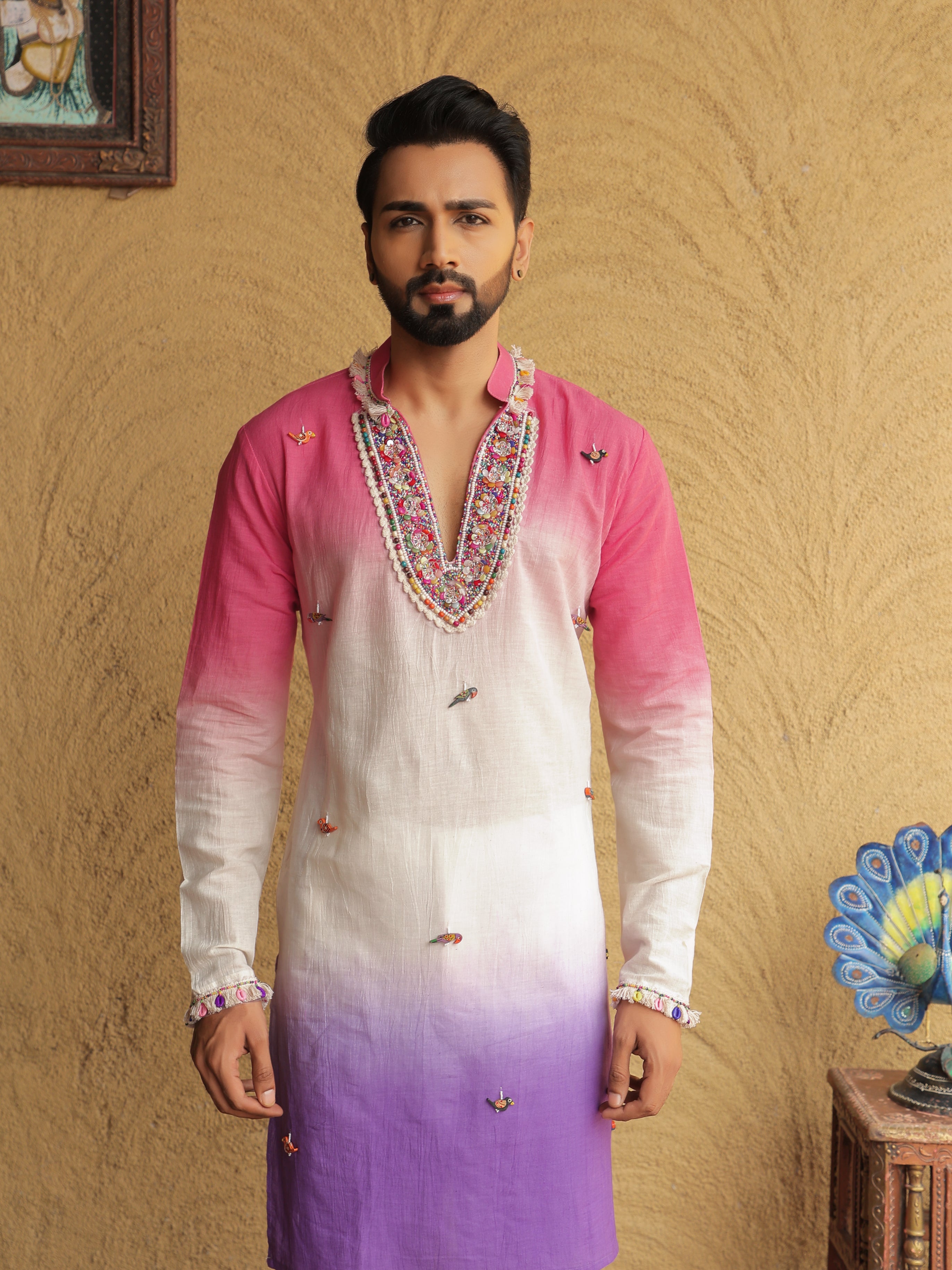 Pink Ombre Embroidered Kurta with Sequin Detailing