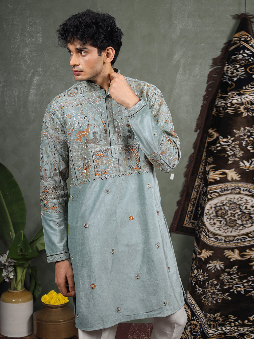 Pista Embroidered Kurta – Mandarin Collar