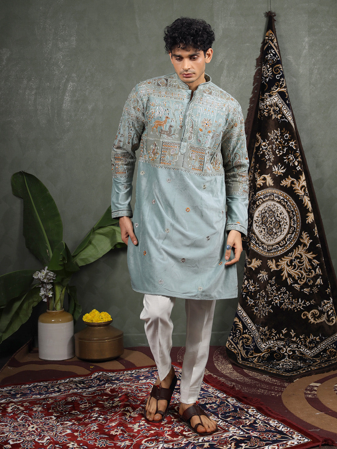 Pista Embroidered Kurta – Mandarin Collar