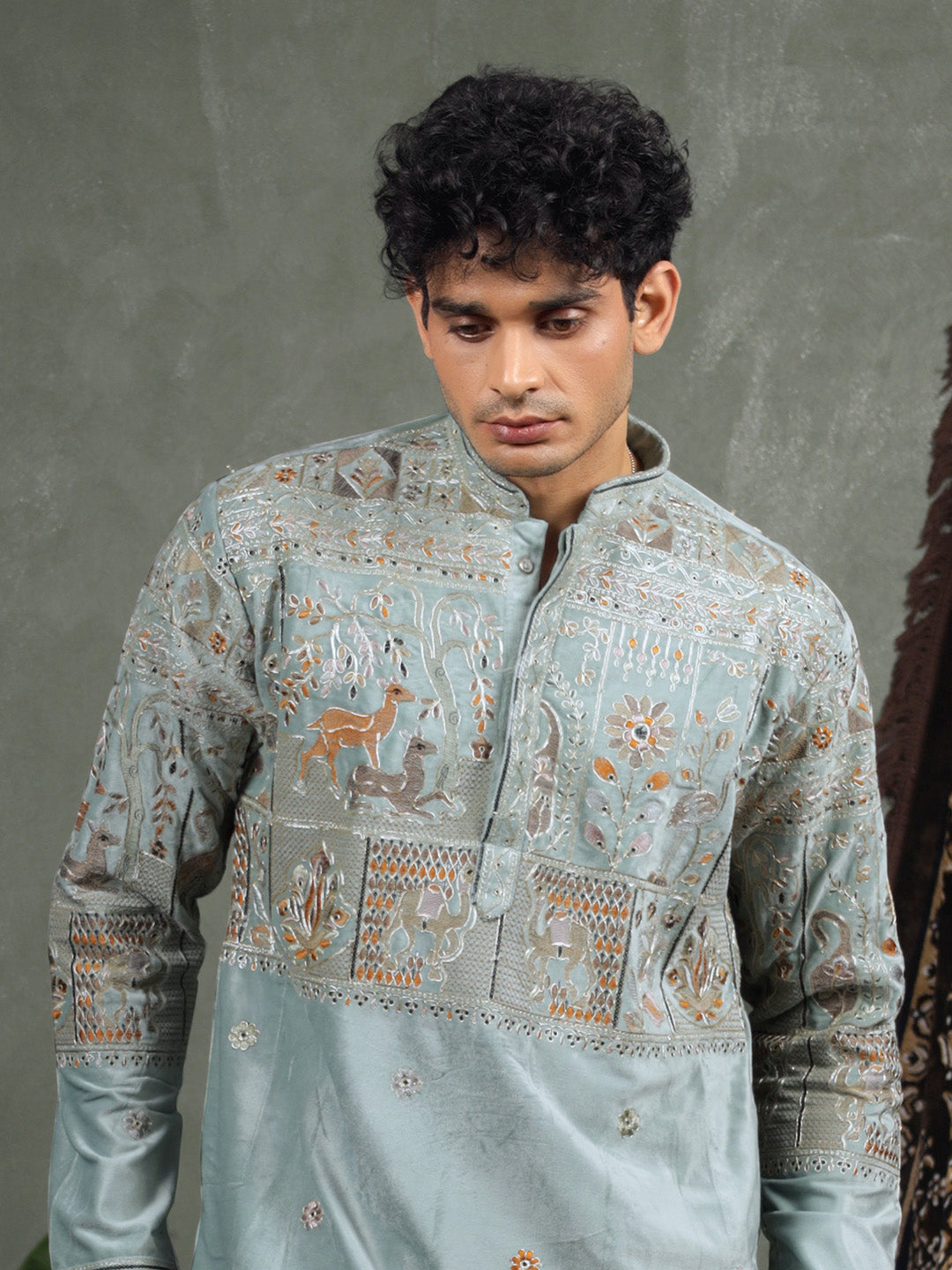 Pista Embroidered Kurta – Mandarin Collar