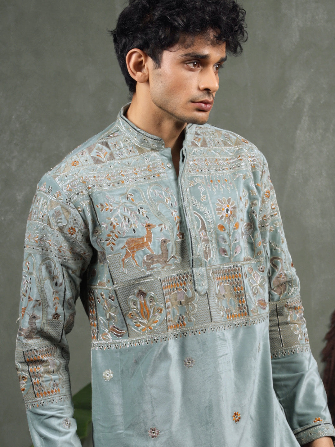 Pista Embroidered Kurta – Mandarin Collar