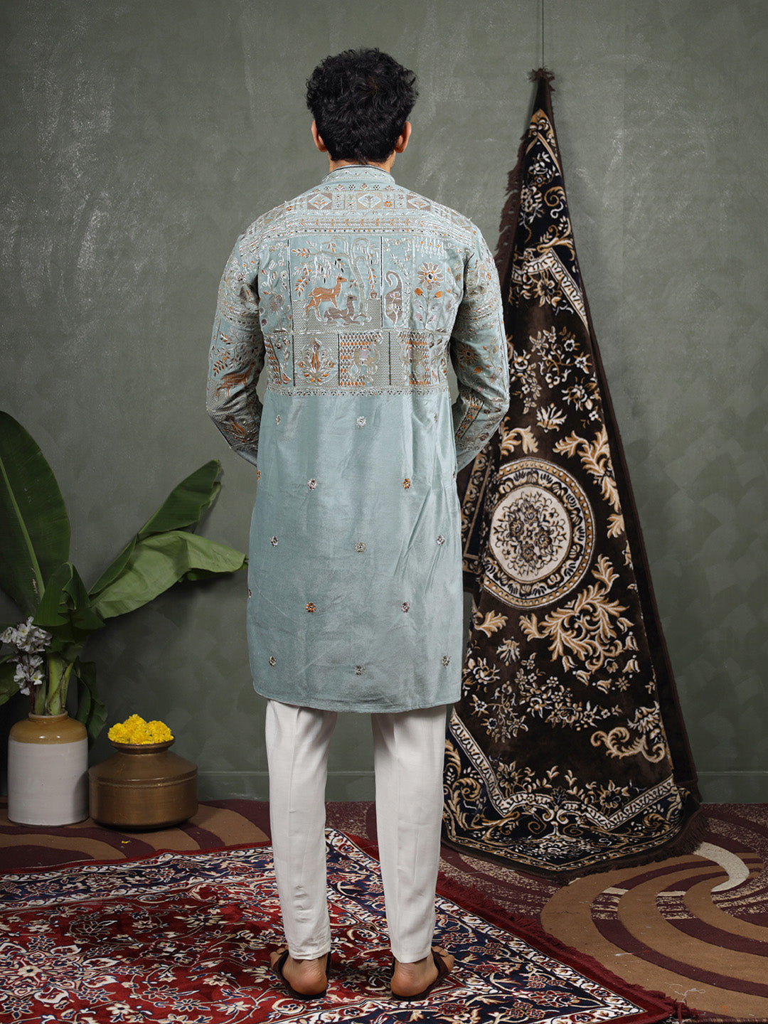 Pista Embroidered Kurta – Mandarin Collar
