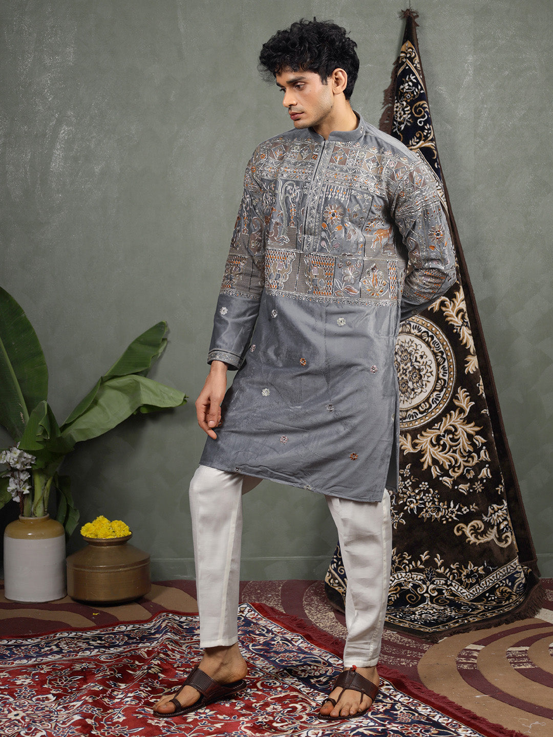Grey Embroidered Kurta – Mandarin Collar